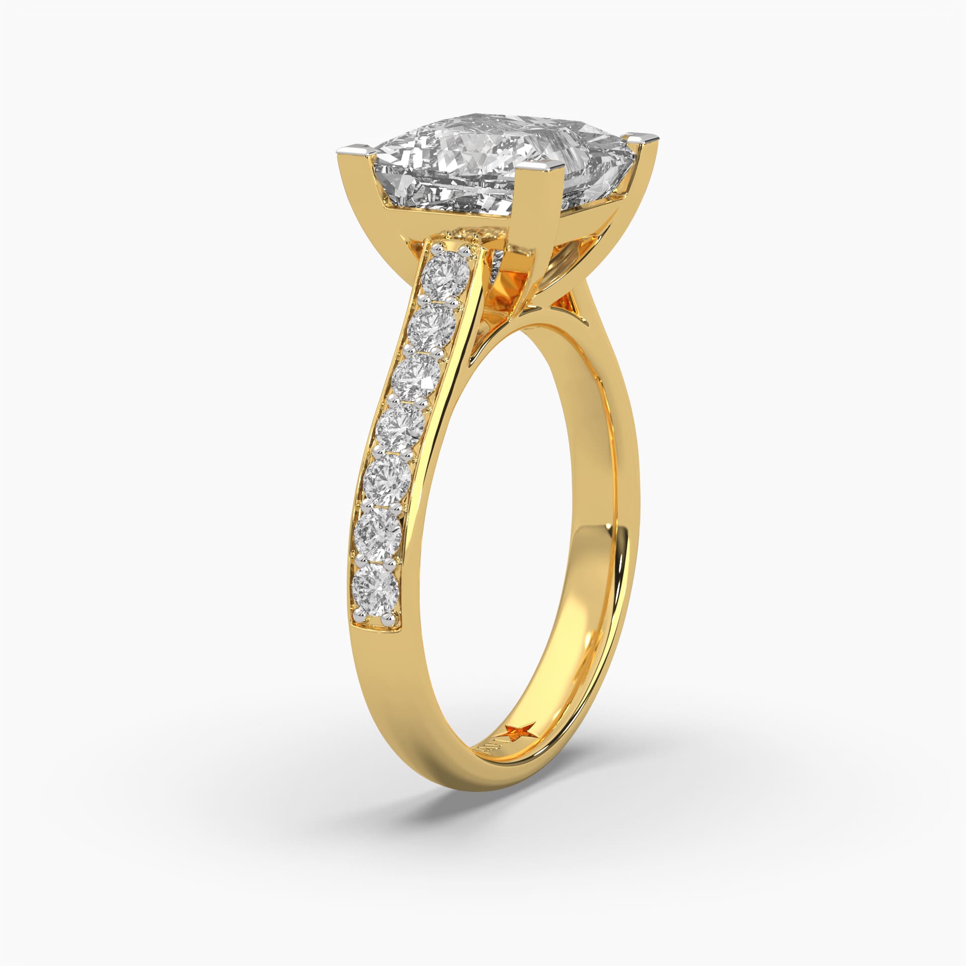 Standing side view of MYZA’s 4-carat eternity band with princess cut lab-grown diamonds in 18K hallmark gold. This angle emphasizes the sleek profile and precise diamond setting, showcasing the ring’s luxurious craftsmanship and sustainable design, with a focus on its timeless elegance.