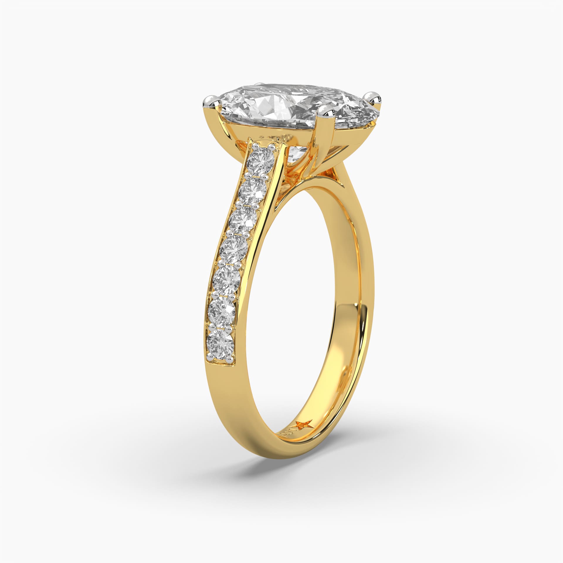 Standing side view of MYZA Diamonds' 4-carat oval cut lab-grown diamond ring in 18K hallmark gold. This angle captures the height and secure setting of the substantial 4-carat diamond, showcasing its elegance and sustainable craftsmanship, ideal for a statement engagement or wedding ring.