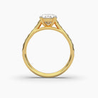Standing top front view of MYZA Diamonds' 2-carat oval cut lab-grown diamond ring in 18K hallmark gold. This angle highlights the oval cut diamond’s brilliance and the elegant band, offering a clear view of the ring’s sustainable design and luxurious craftsmanship, ideal for engagement or wedding rings.