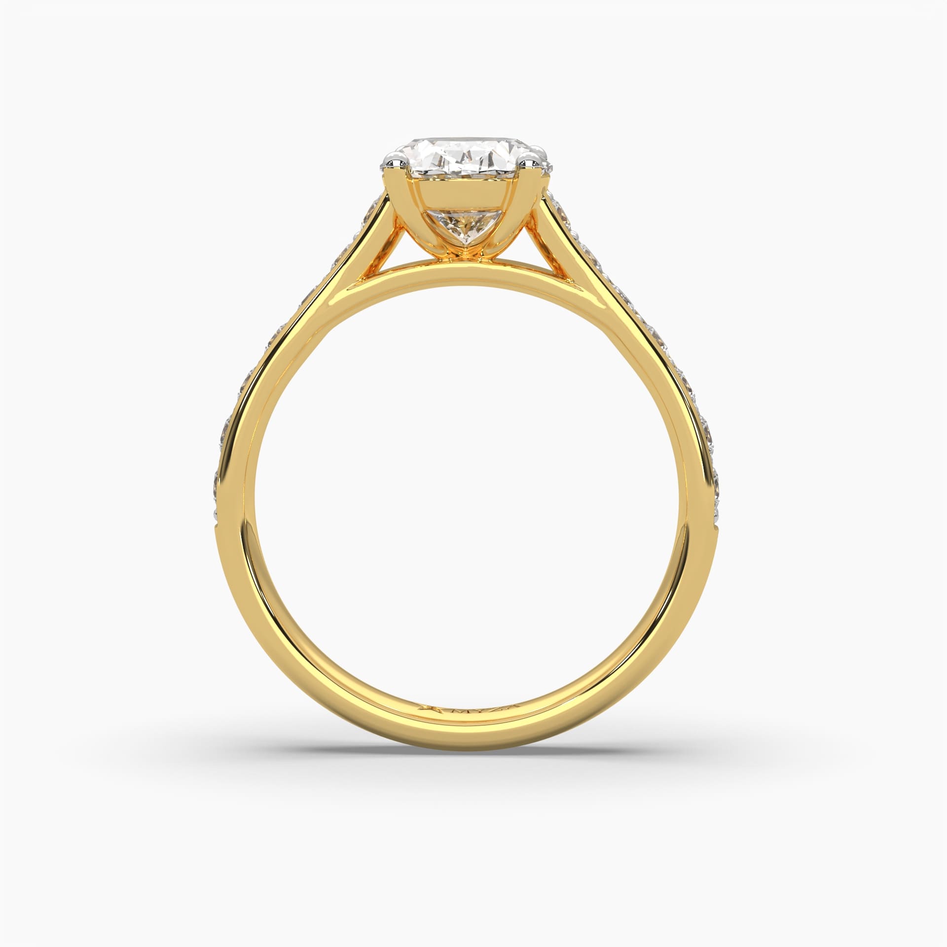 Standing top front view of MYZA Diamonds' 2-carat oval cut lab-grown diamond ring in 18K hallmark gold. This angle highlights the oval cut diamond’s brilliance and the elegant band, offering a clear view of the ring’s sustainable design and luxurious craftsmanship, ideal for engagement or wedding rings.