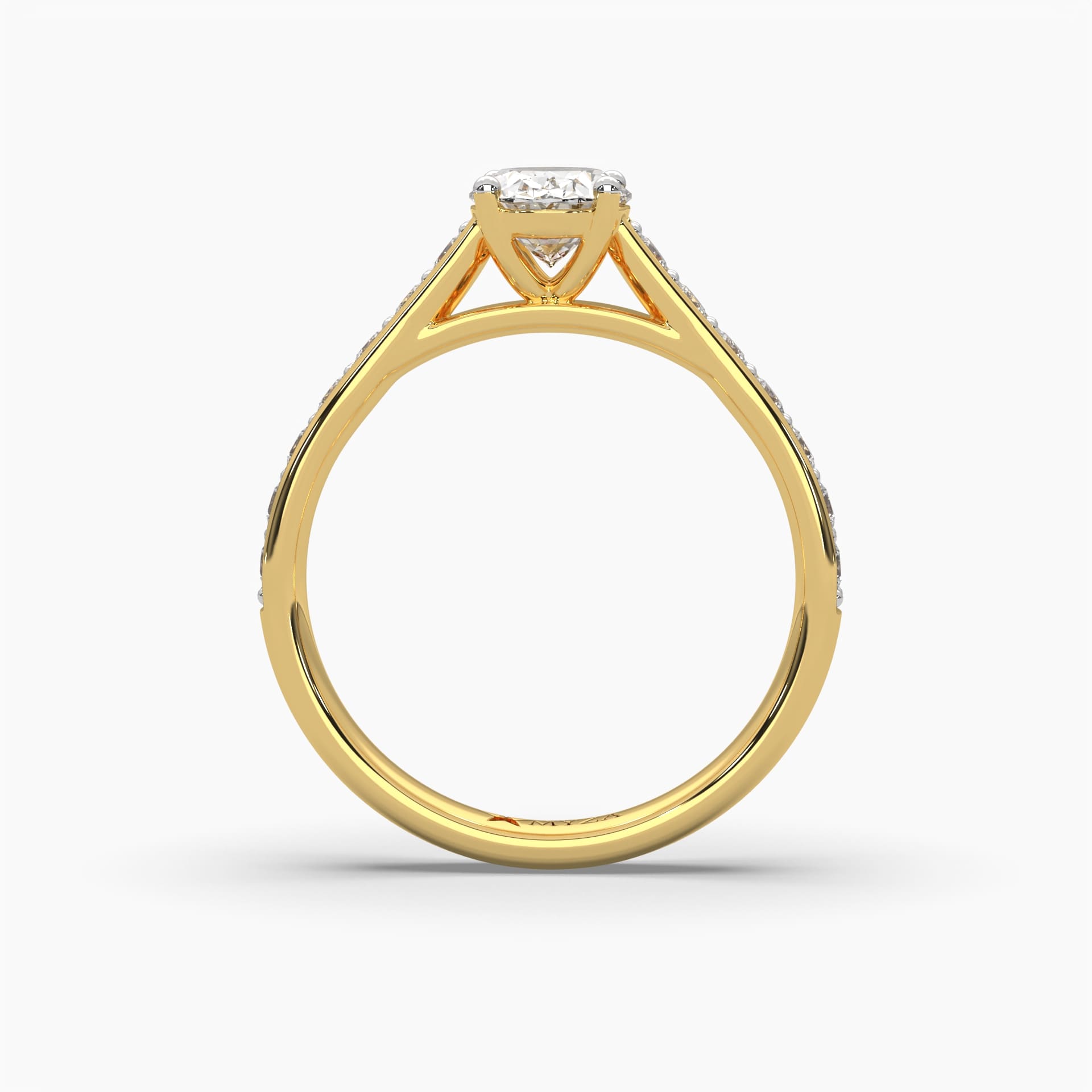 Standing top view of MYZA Diamonds' 1-carat oval cut lab-grown diamond ring in 18K hallmark gold. This angle highlights the diamond's elegant oval shape, secure setting, and exceptional sparkle, crafted for a timeless and sustainable luxury style, ideal for engagement or statement wear.