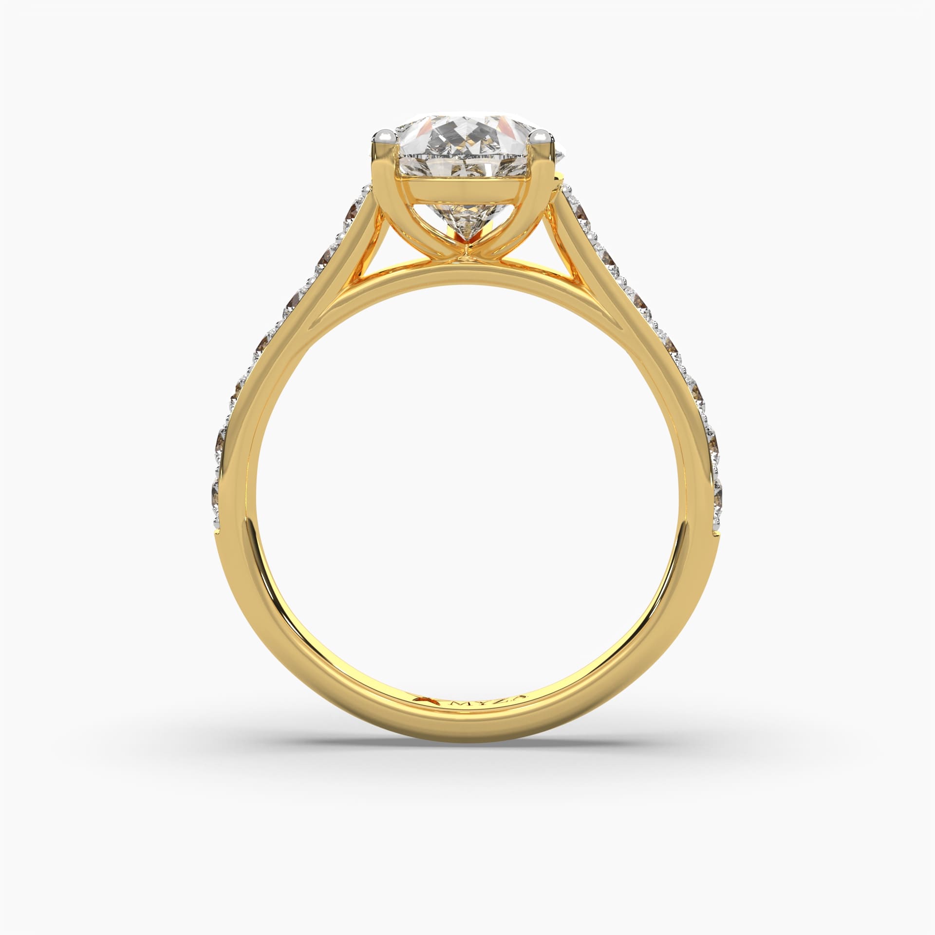 Standing top view of MYZA Diamonds' 3-carat eternity band with pear cut lab-grown diamonds in 18K hallmark gold. This angle showcases the top profile of the continuous line of pear-shaped diamonds, highlighting the ring’s elegant design and brilliant sparkle, with emphasis on its sustainable luxury craftsmanship.