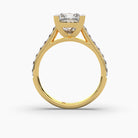 Standing top view of MYZA Diamonds' 3-carat eternity band featuring princess cut lab-grown diamonds in 18K hallmark gold. This angle captures the full brilliance of the square-cut diamonds, highlighting the ring's elegant symmetry, sparkling detail, and luxurious sustainable design.