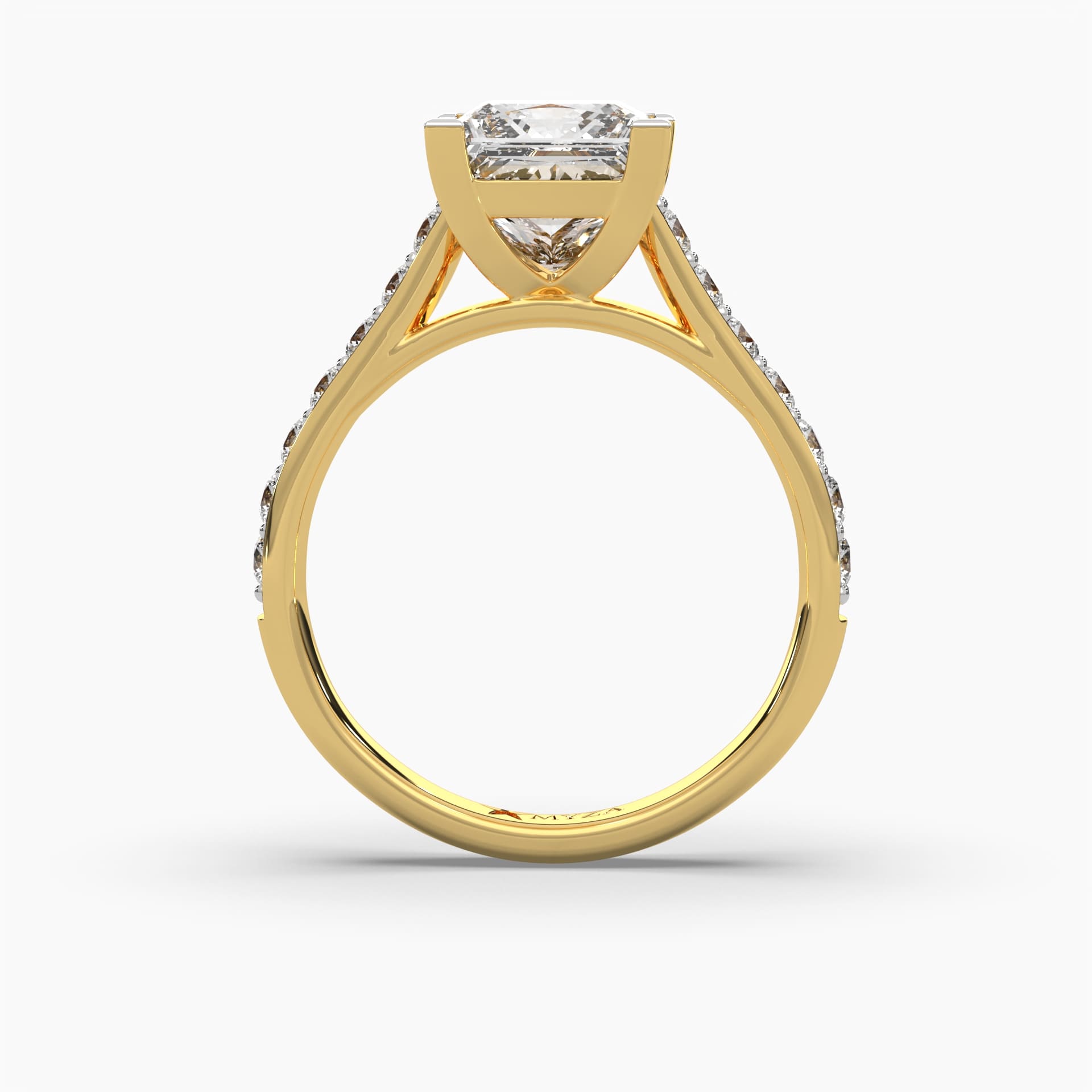 Standing top view of MYZA Diamonds' 3-carat eternity band featuring princess cut lab-grown diamonds in 18K hallmark gold. This angle captures the full brilliance of the square-cut diamonds, highlighting the ring's elegant symmetry, sparkling detail, and luxurious sustainable design.