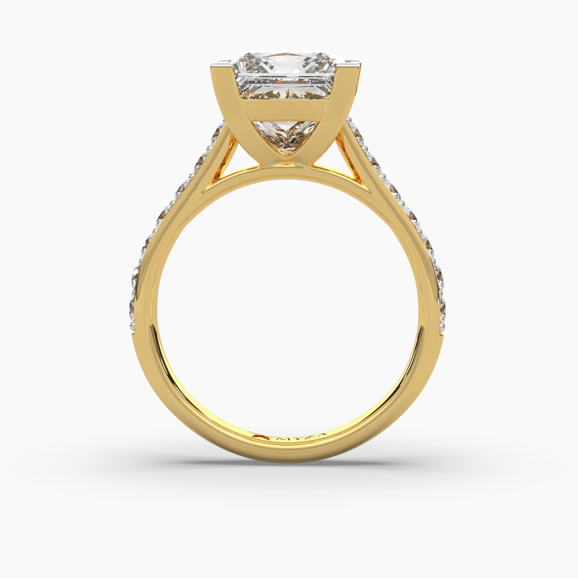 Standing top view of MYZA’s 4-carat eternity band with princess cut lab-grown diamonds in 18K hallmark gold. This angle highlights the full brilliance of the square-cut diamonds, showcasing the perfect symmetry, luxurious shine, and sustainable elegance of the ring.