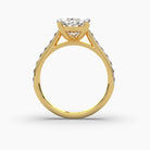 Standing view of MYZA Diamonds' 4-carat oval cut lab-grown diamond ring in 18K hallmark gold. This perspective highlights the impressive size and sparkle of the 4-carat oval diamond, showcasing its elegant, sustainable design with a secure setting, ideal for an eye-catching engagement or wedding ring.