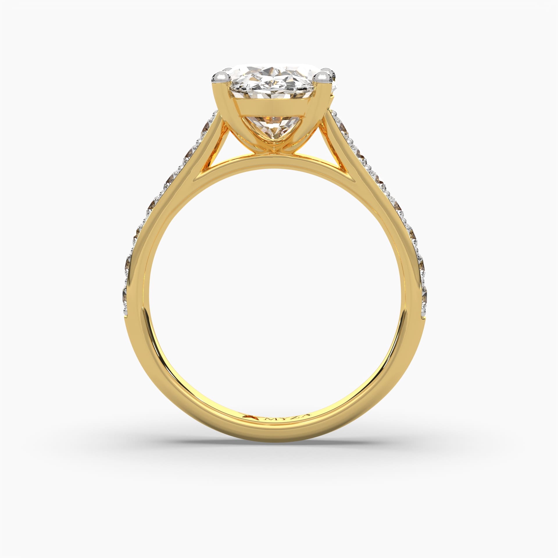 Standing view of MYZA Diamonds' 5-carat oval cut lab-grown diamond ring in 18K hallmark gold. This angle showcases the height and brilliance of the substantial 5-carat oval diamond, emphasizing its luxurious setting and sustainable elegance, ideal for a striking engagement or wedding ring.