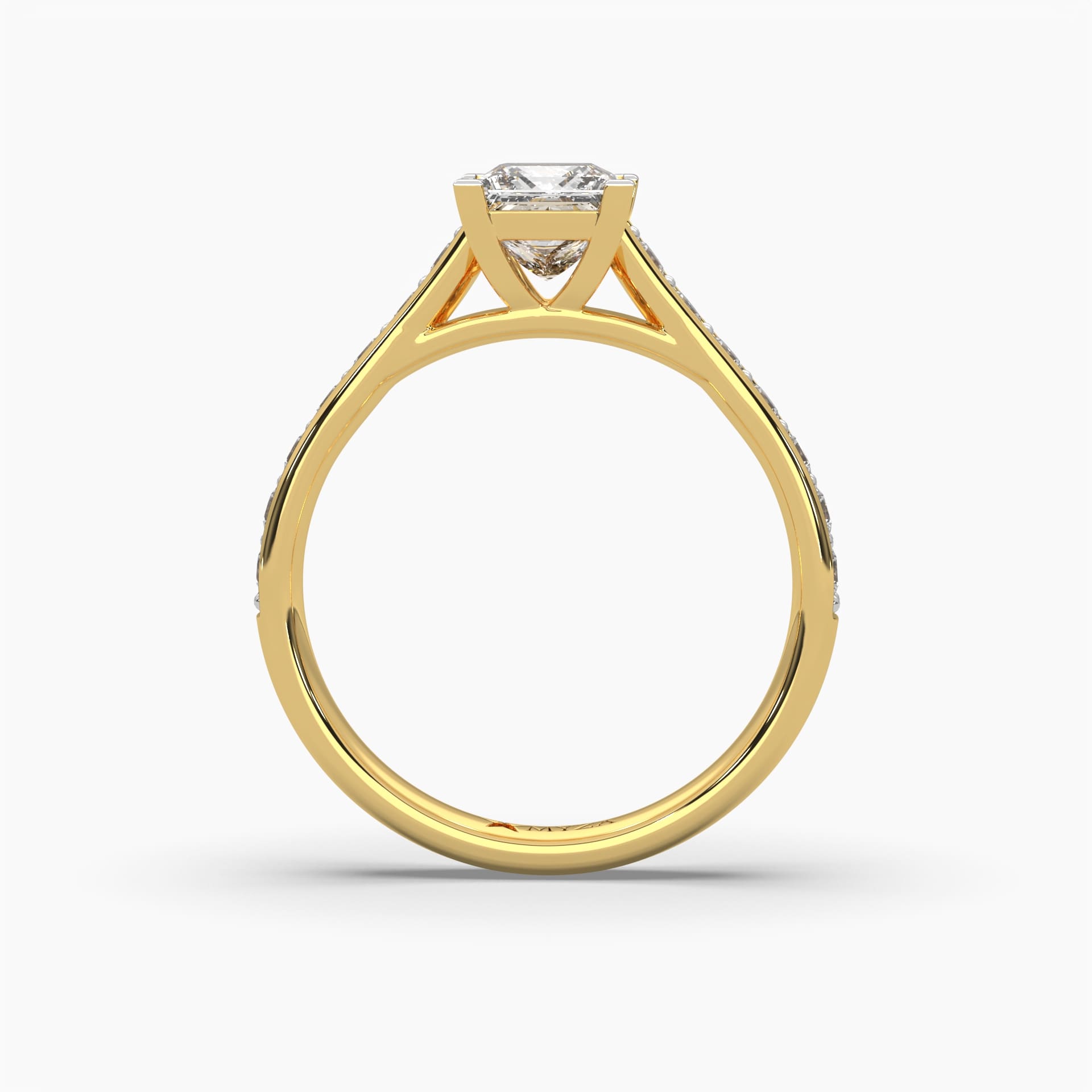 Top view of MYZA Diamonds' eternity band featuring princess cut lab-grown diamonds in 18K hallmark gold. This angle highlights the seamless arrangement of square-cut diamonds, emphasizing the brilliance and luxurious design of the ring, perfect for special occasions or as an engagement band with sustainable elegance.