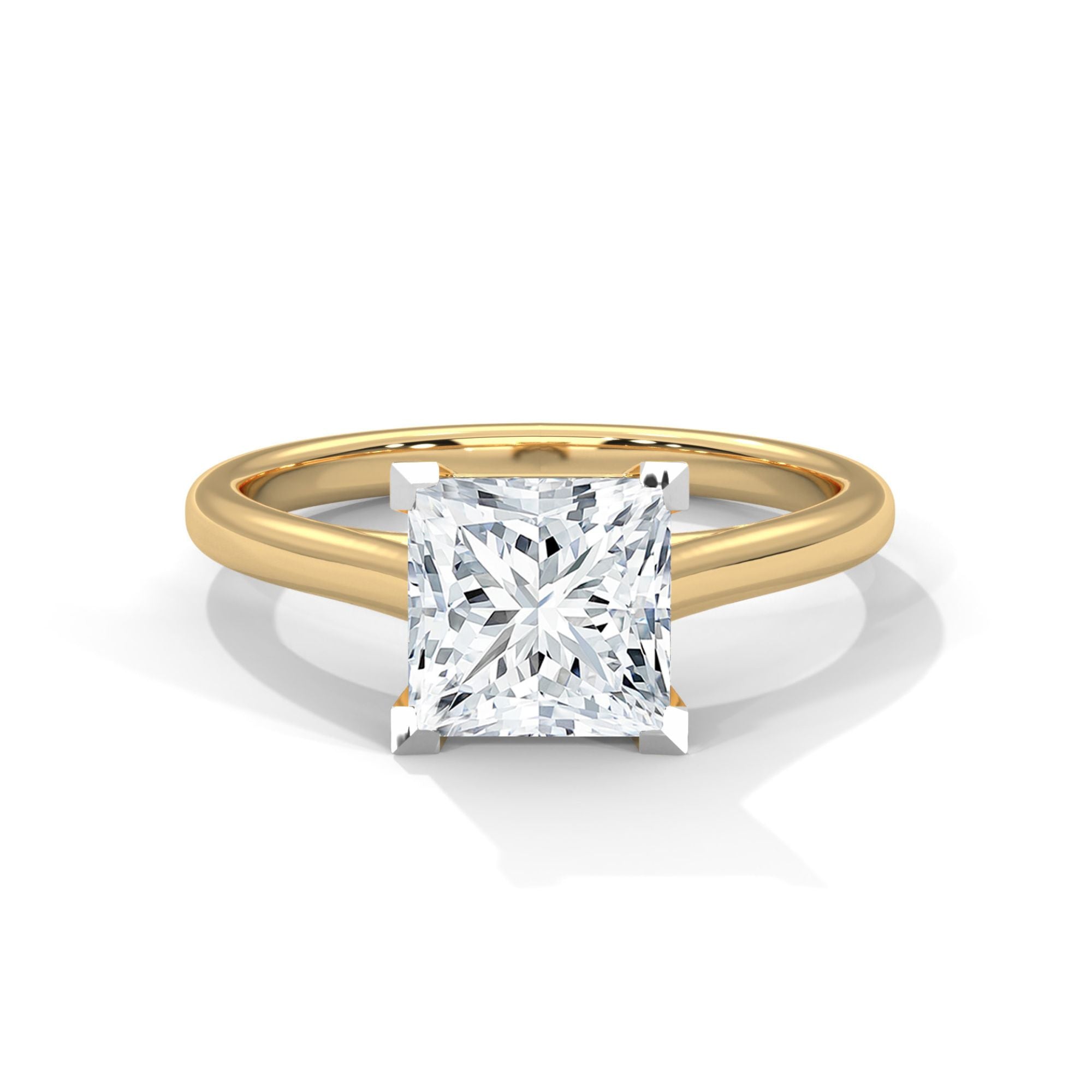 Exquisite 3-carat princess cut diamond ring with a yellow gold band, front view. This luxurious and timeless ring showcases a high-quality lab-grown diamond, perfect for special occasions or as a statement piece.