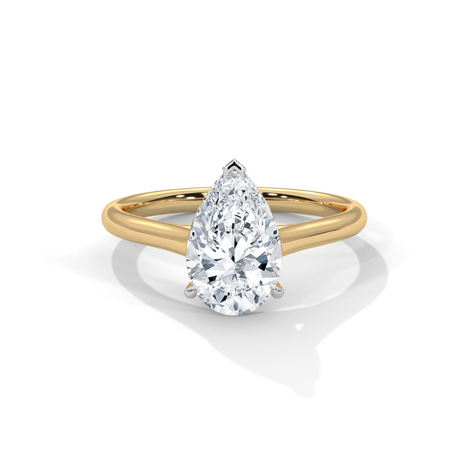 MYZA classic 1-carat pear-shaped lab-grown diamond ring with a plain yellow gold band, shown from the front view. This elegant ring features a timeless design that highlights the diamond’s unique shape and high-quality craftsmanship.