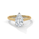 MYZA classic 2-carat pear-shaped lab-grown diamond ring with a plain yellow gold band, shown from the front view. This sophisticated ring emphasizes the diamond’s elegant shape and the high-quality craftsmanship of the band.