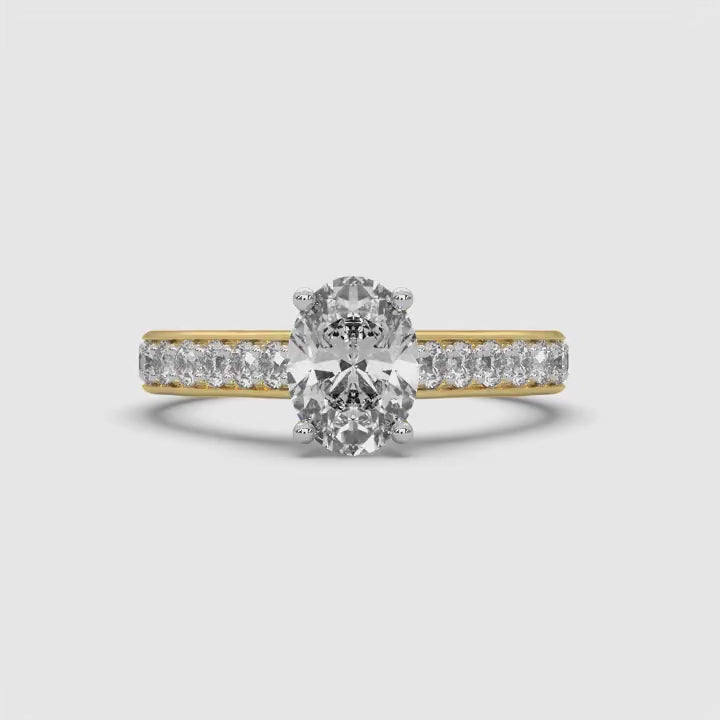 360-degree video of MYZA Diamonds' 1-carat oval cut lab-grown diamond ring in 18K hallmark gold. The rotating view captures the brilliance of the oval cut diamond from all angles, showcasing its elegance and sustainable luxury, perfect for engagement or wedding rings.