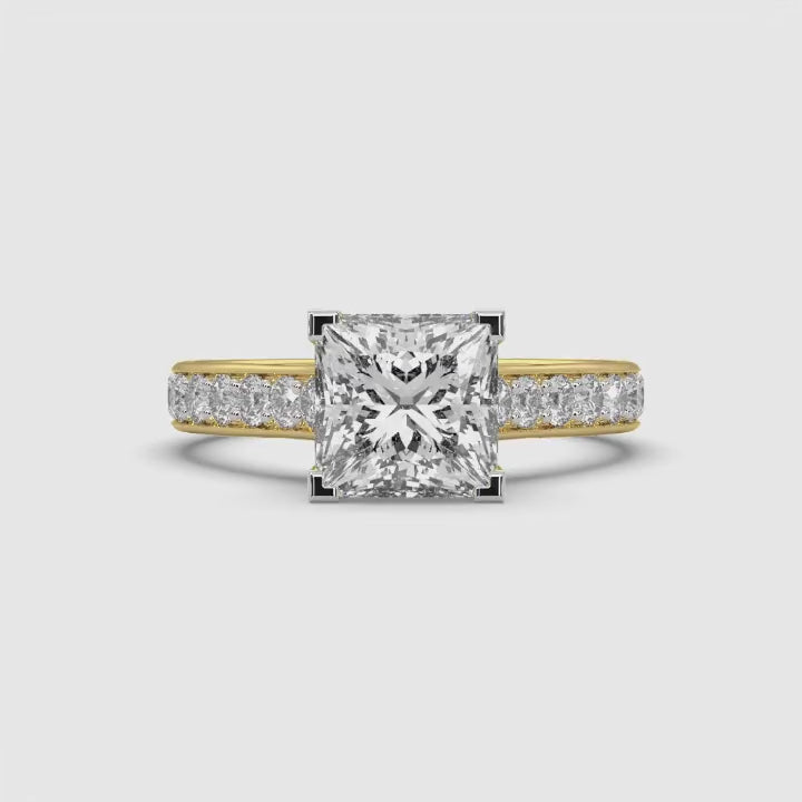 360-degree rotating video of MYZA Diamonds' 2-carat eternity band featuring princess cut lab-grown diamonds in 18K hallmark gold. This view provides a full rotation to showcase the seamless line of square-cut diamonds, their brilliant sparkle, and the ring's exquisite craftsmanship, making it ideal for sustainable luxury and timeless elegance.