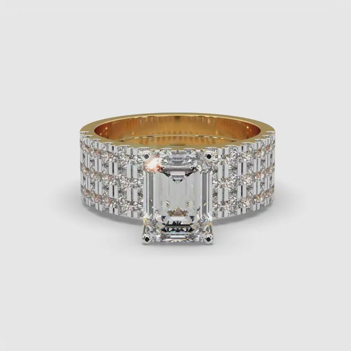 360-degree rotating view of MYZA Diamonds' set of three emerald cut lab-grown diamond stacking rings in 18K hallmark gold. The video showcases each ring’s brilliant lab-grown diamond from every angle, highlighting the luxurious and customizable design, perfect for engagement or special occasions.