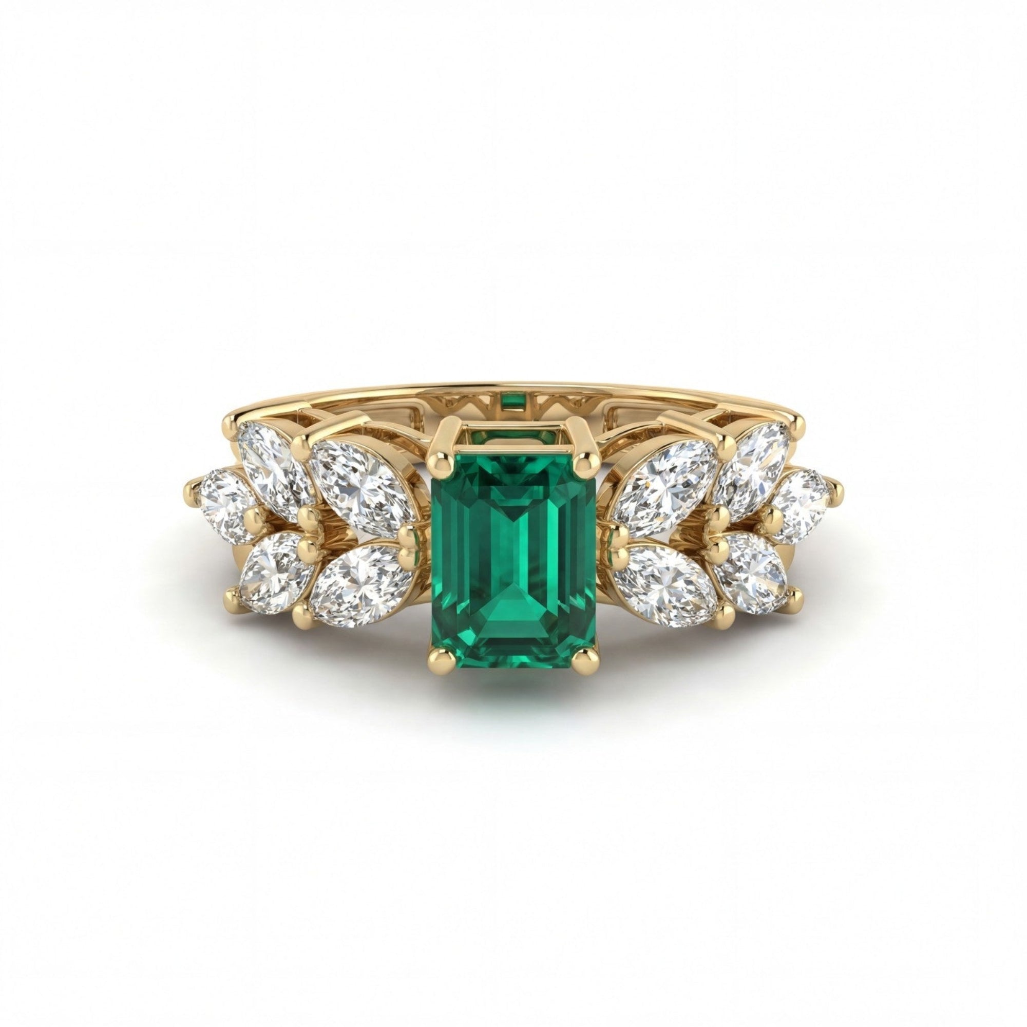 This MYZA Certified 1 Carats Emerald Cut Zambian Green Women's ring features a vivid, lab-grown Zambian emerald set in 14K hallmarked gold, offering a sleek, "hall of mirrors" aesthetic paired with brilliant, sustainable diamond accents.