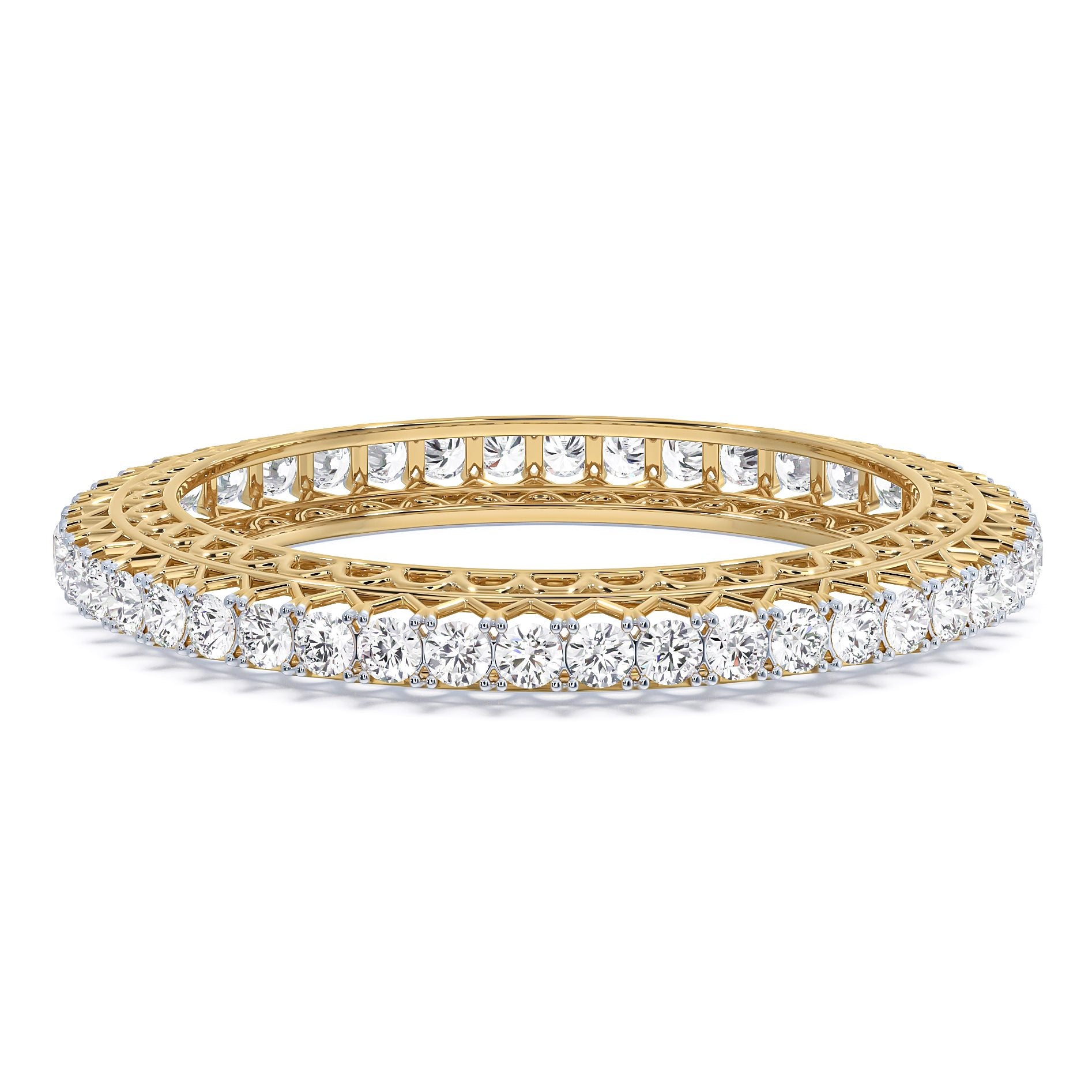 Front view of MYZA’s 50-cent lab-grown diamond bangle in 18K hallmark gold, highlighting the intricate design and brilliant lab grown diamonds. The clean lines and flawless craftsmanship make this bangle a standout piece in luxury sustainable jewelry.