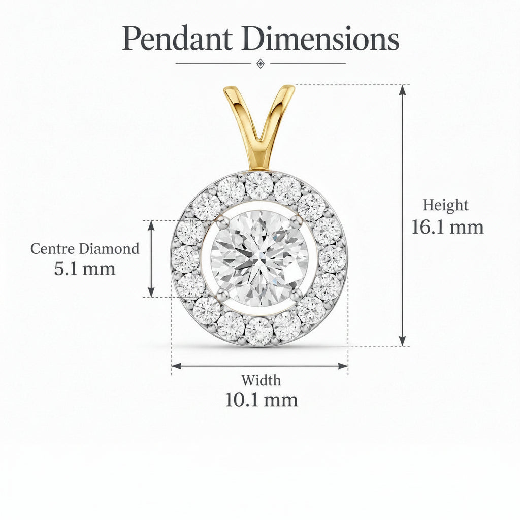 Pendant dimensions diagram showing a round halo pendant with a central diamond and yellow gold bail, labeled with height 16.1 mm, width 10.