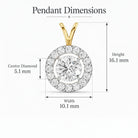 Pendant dimensions diagram showing a round halo pendant with a central diamond and yellow gold bail, labeled with height 16.1 mm, width 10.