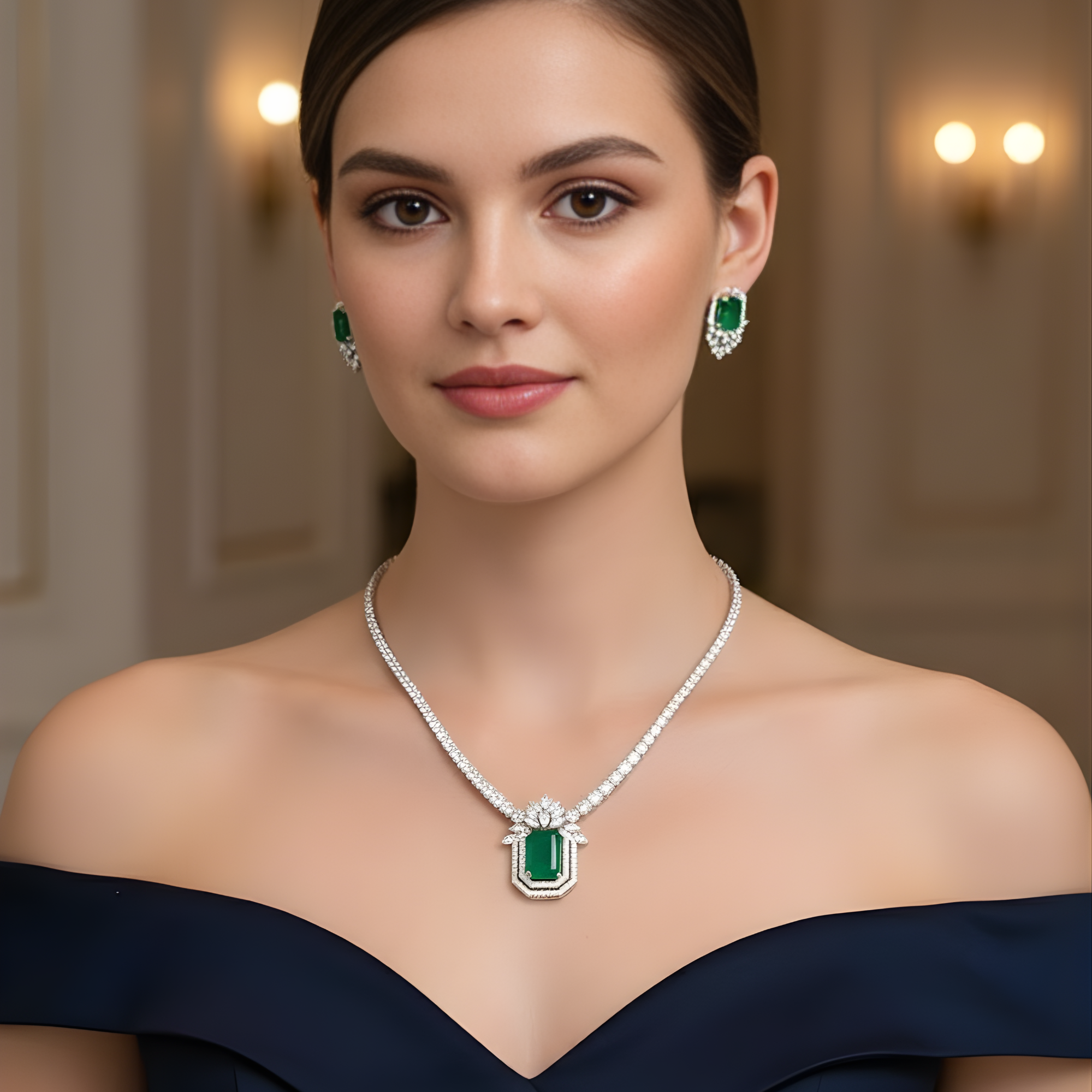 This 12 Carat MYZA high-jewelry set is an architectural triumph, blending the bold, clean lines of traditional emerald cutting with the intricate sparkle of a modern diamond medley.