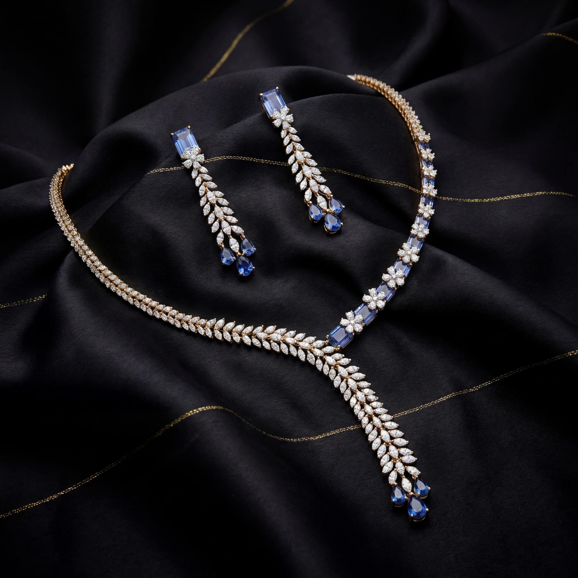 This 12 Carat MYZA set is an exquisite exploration of color theory and asymmetrical design. By blending the calm, regal blue of sapphires with a dynamic mix of diamond shapes, it creates a look that is both avant-garde and timeless.