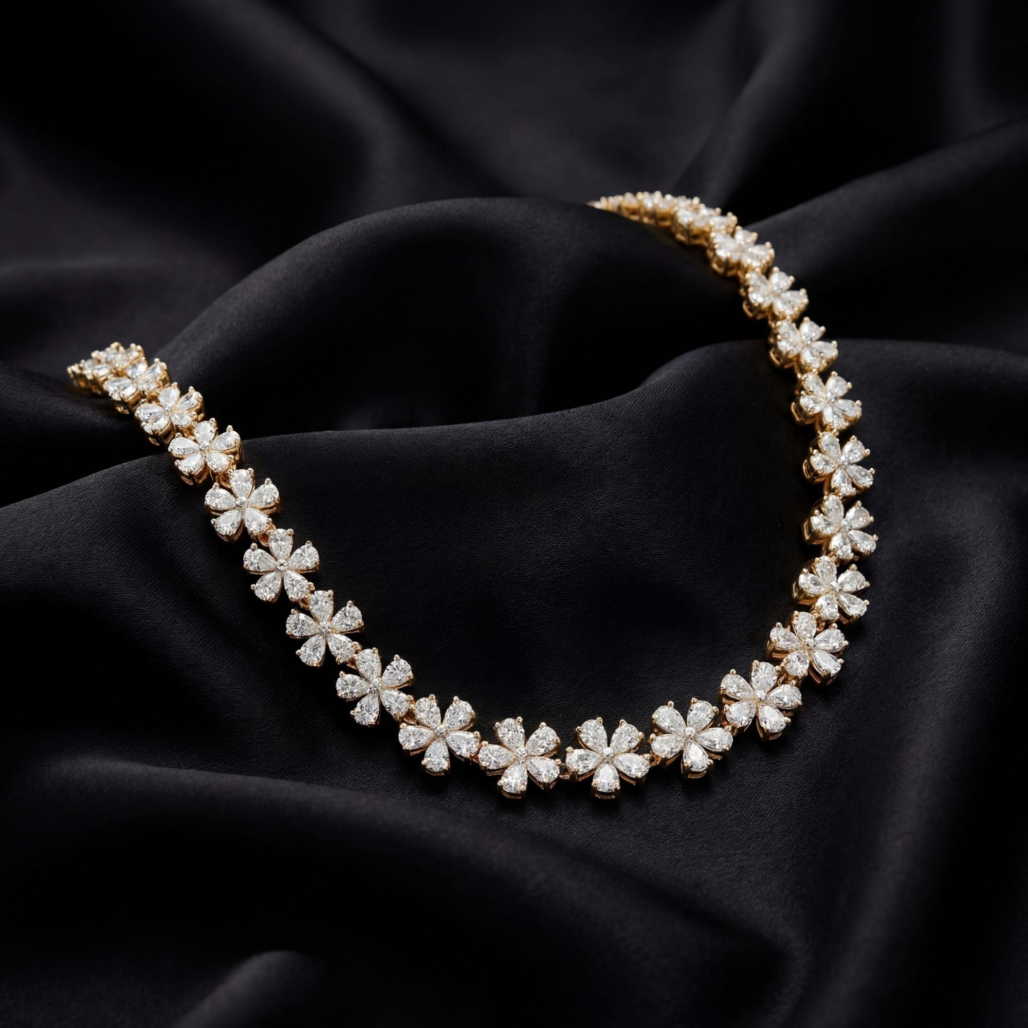 The MYZA Diamond Necklace features a design that maximizes light dispersion through a balanced arrangement of multiple diamond shapes, totaling 13 carats.