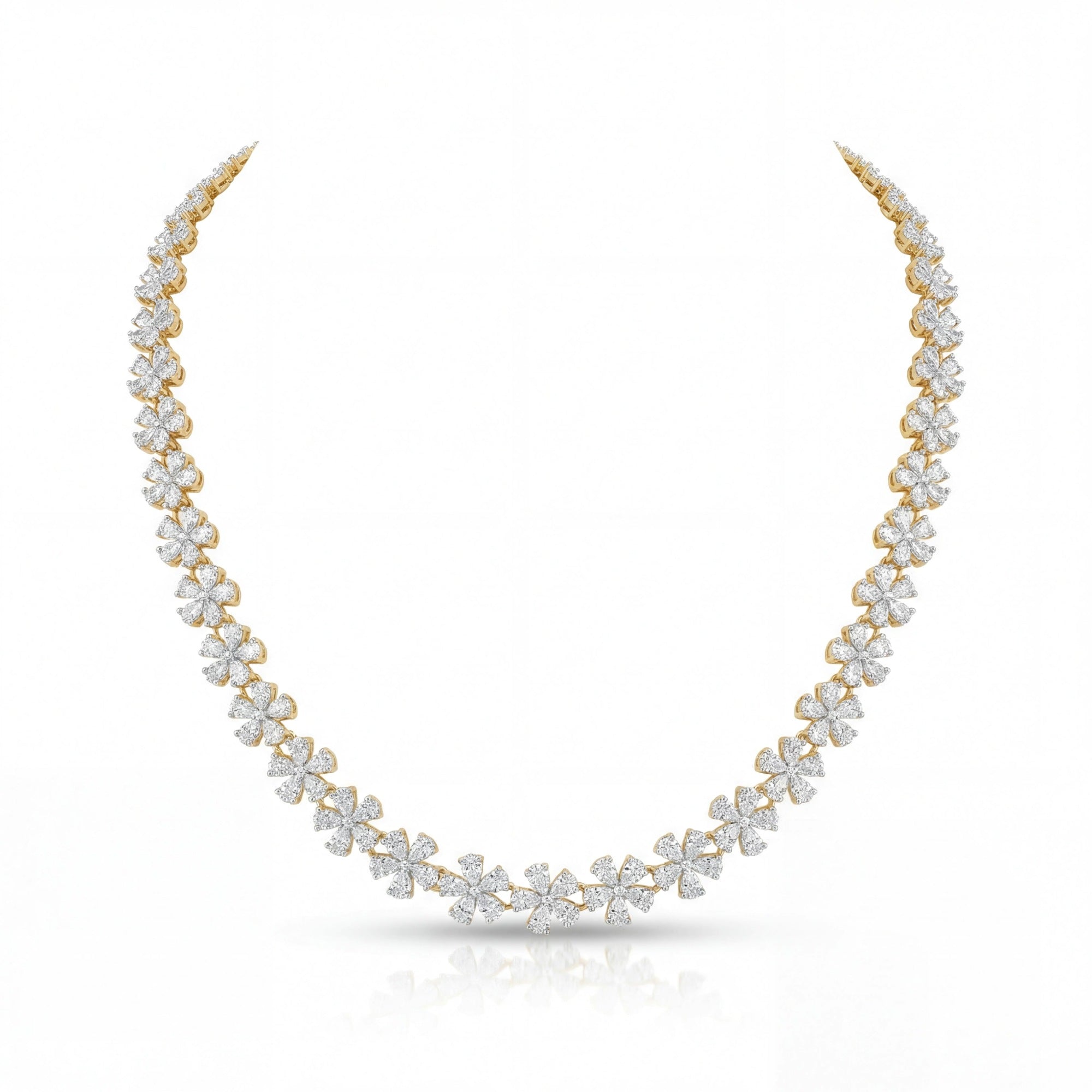 The MYZA Diamond Necklace features a design that maximizes light dispersion through a balanced arrangement of multiple diamond shapes, totaling 13 carats.