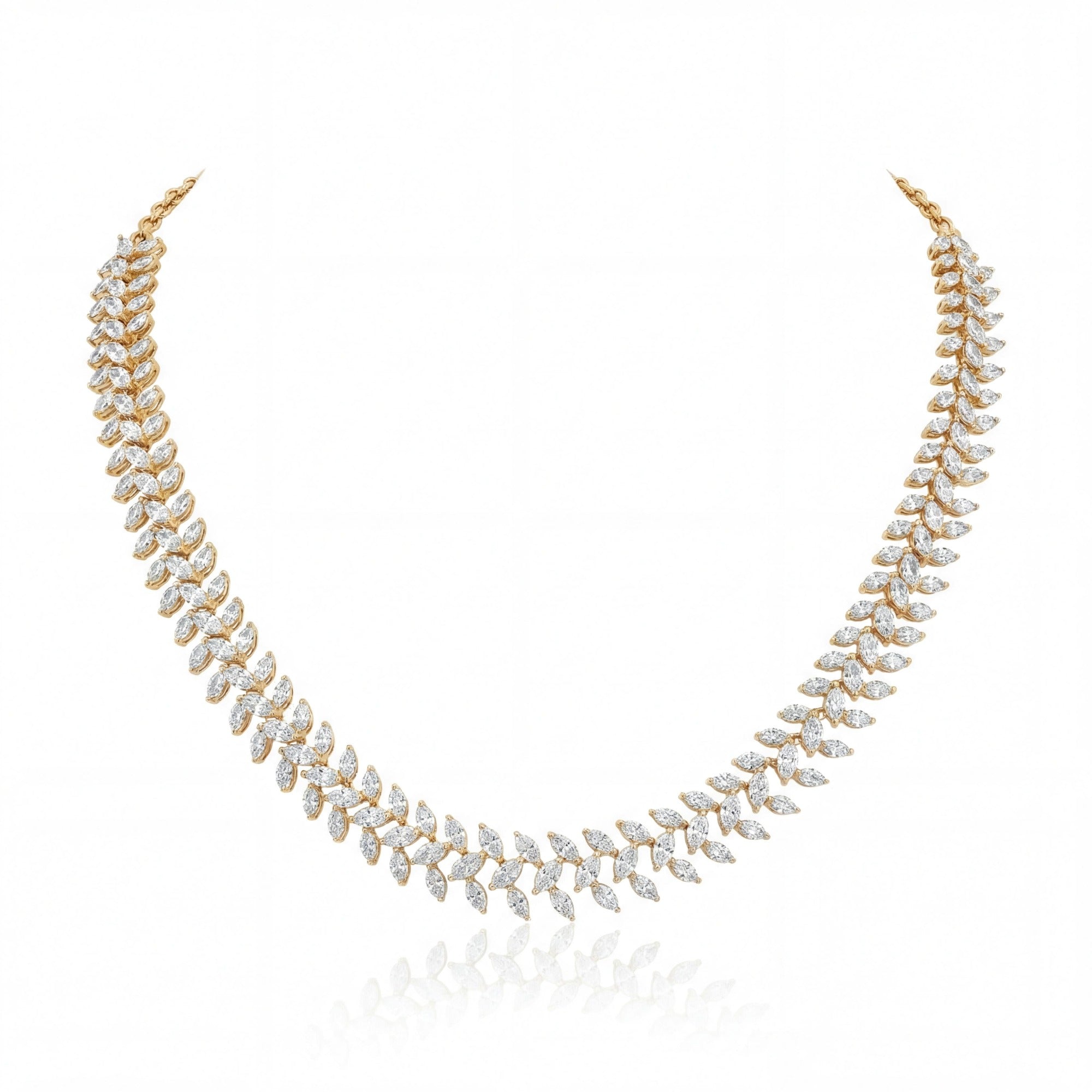 This 16 Carat MYZA necklace is a stunning display of sleek, modern geometry. While the previous pieces were about grand cascades, this design focuses on a continuous, rhythmic flow of light.