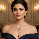 This 19 Carat MYZA set is a breathtaking display of romantic elegance and fiery color. By combining the passionate allure of rubies with a sophisticated diamond-accented frame, this ensemble creates a look of timeless majesty.