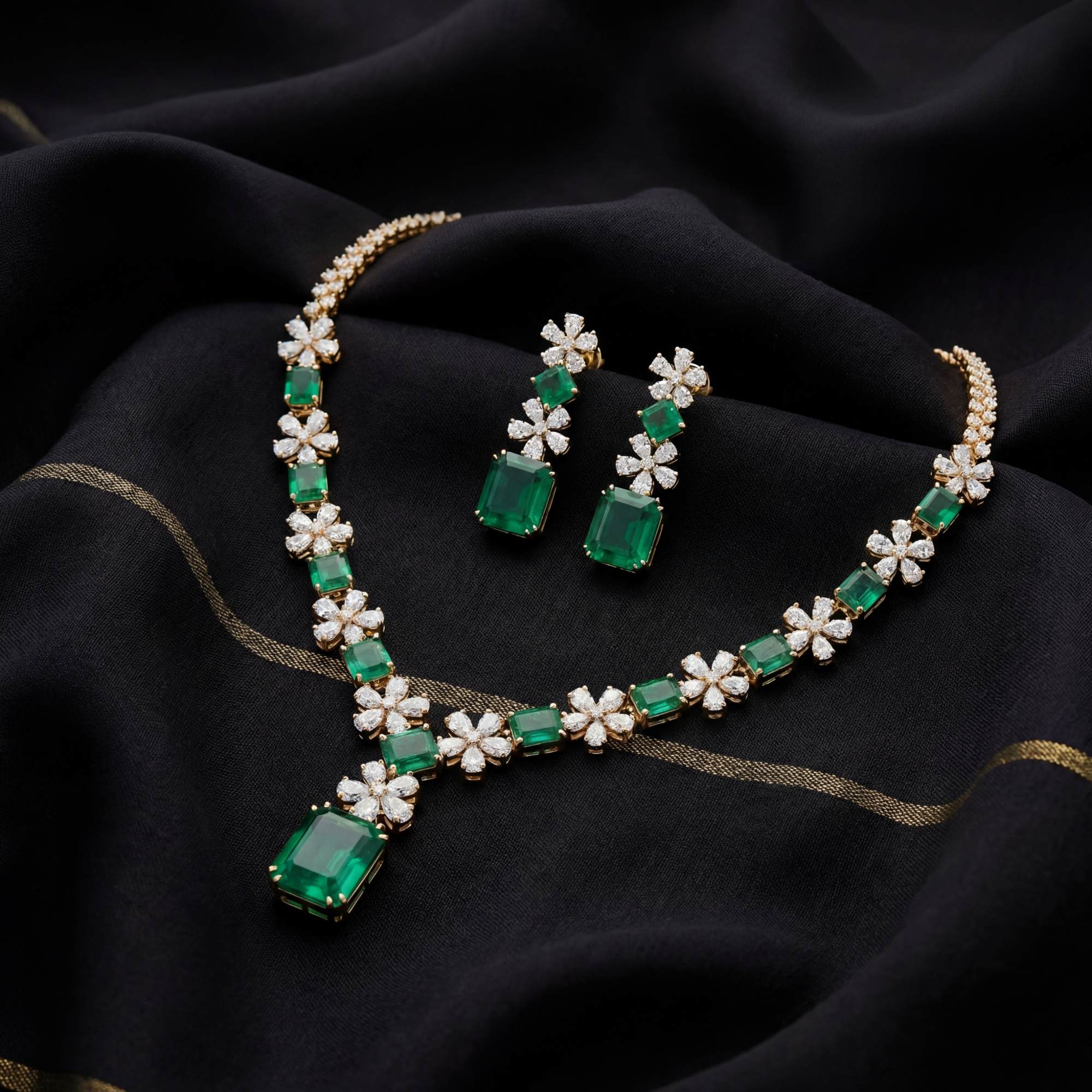 This 25 Carats MYZA set is a breathtaking masterclass in color and contrast, offering a more streamlined and contemporary take on the royal emerald aesthetic