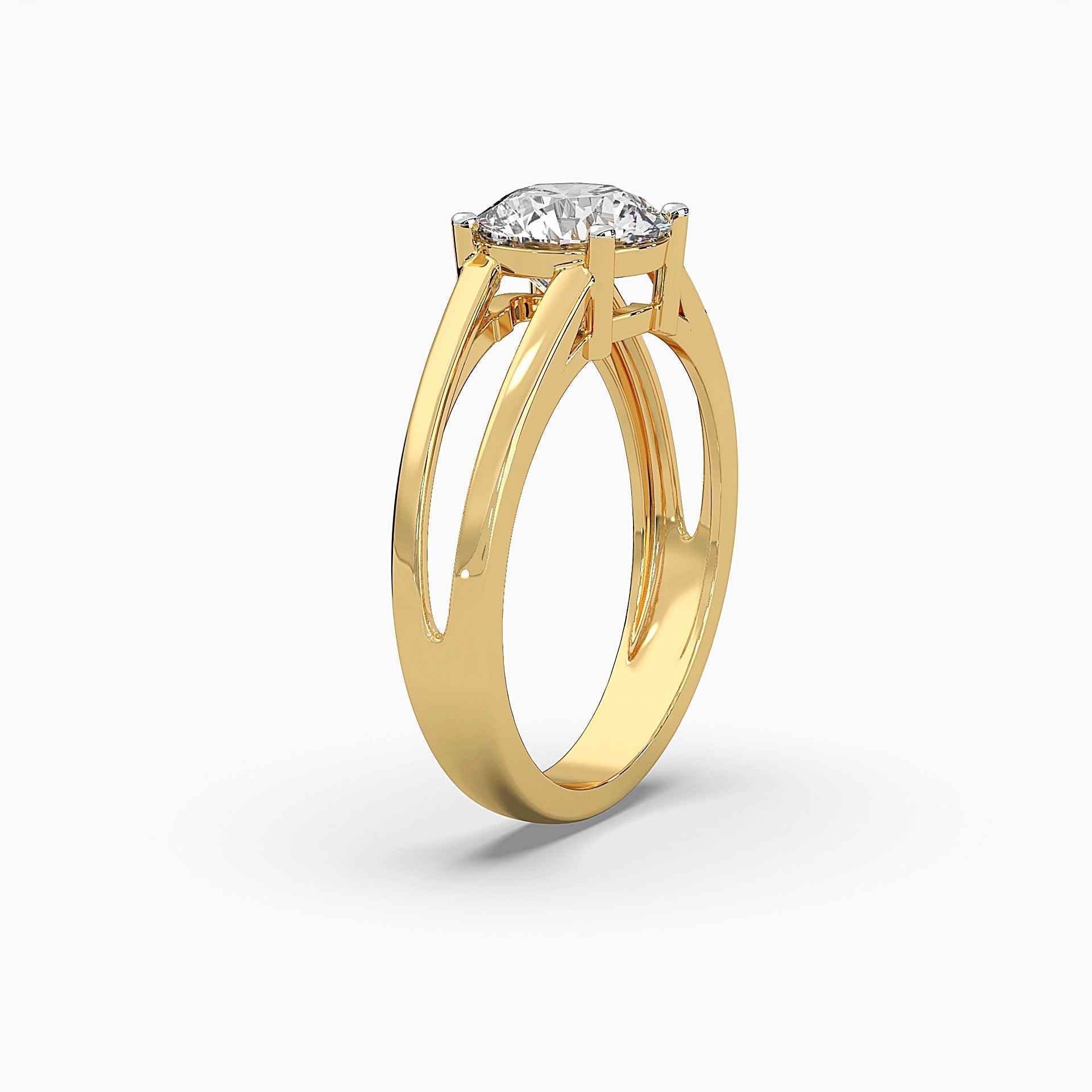 Side view of MYZA’s 2-carat dual band ring with IGI certified lab-grown diamonds set in 18K hallmark gold. This angle highlights the refined profile of the ring, emphasizing the elegant dual bands and the sustainable brilliance of the lab-grown diamonds, showcasing its luxurious design and craftsmanship.