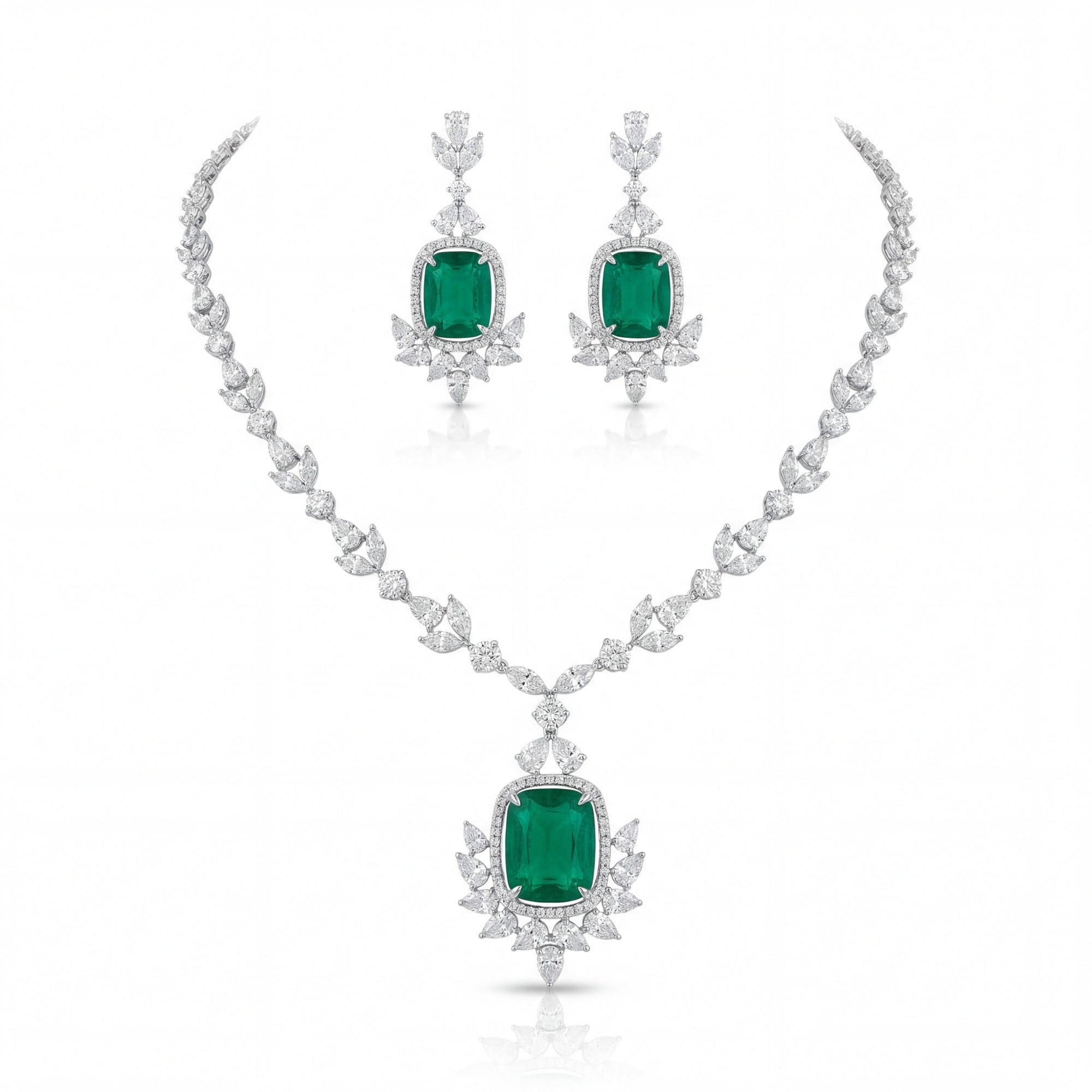 This 33 Carat MYZA set is a monumental statement of luxury, combining the soft, vintage silhouette of the cushion cut with the bold, structured clarity of the emerald cut.