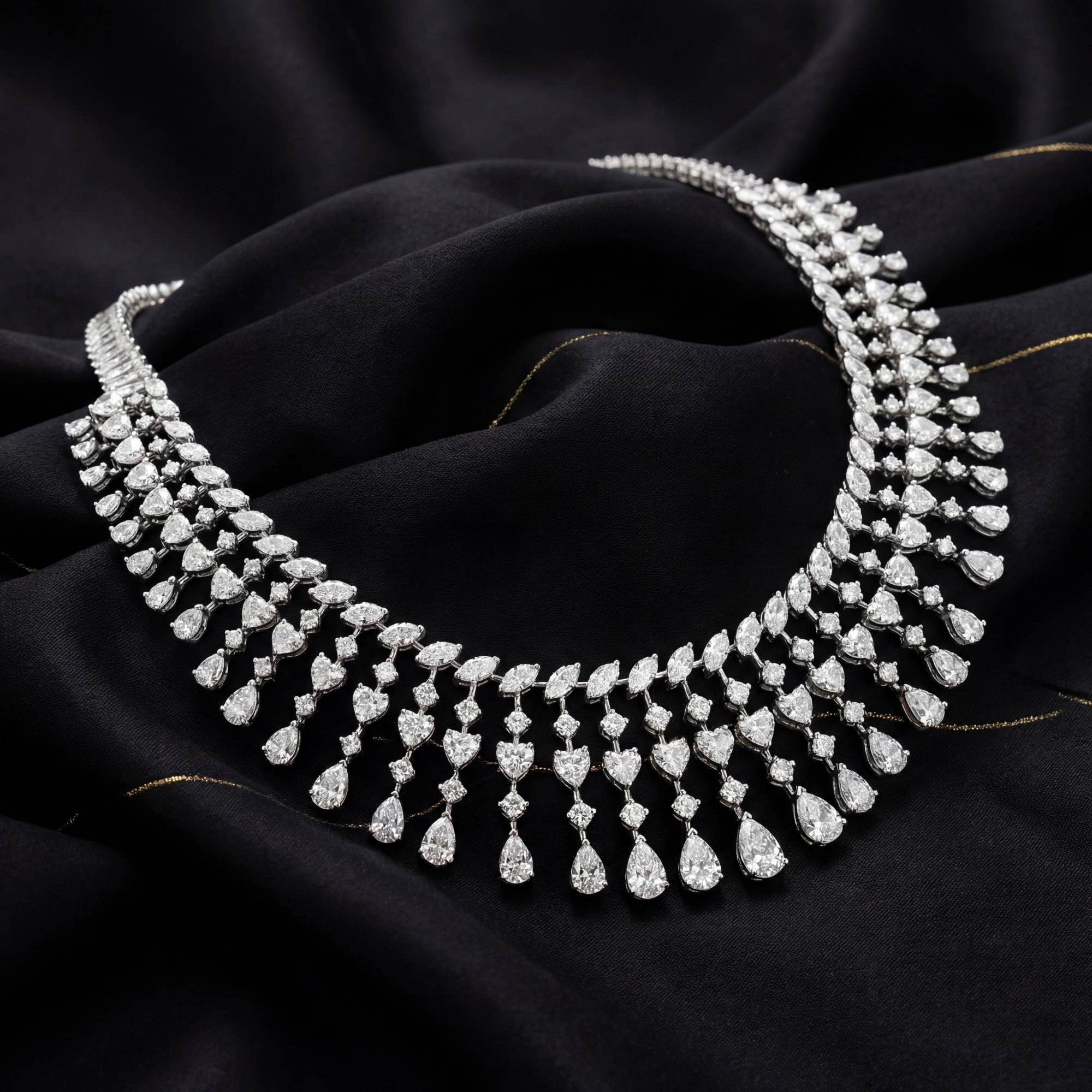 The MYZA Cascade Necklace is a feat of precision engineering and ethical brilliance. Boasting a substantial 33 carats of &nbsp;MYZA Certified diamonds, the design is centered around a "fringe" aesthetic that balances classic royalty with contemporary flair