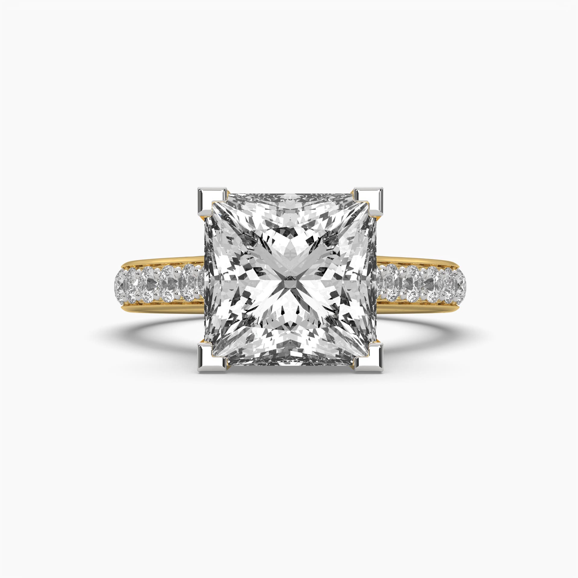 Front view of MYZA’s 4-carat eternity band featuring princess cut lab-grown diamonds set in 18K hallmark gold. This angle highlights the continuous row of square-cut diamonds, showcasing their brilliance, luxury, and sustainable design for a perfect blend of elegance and timeless beauty.