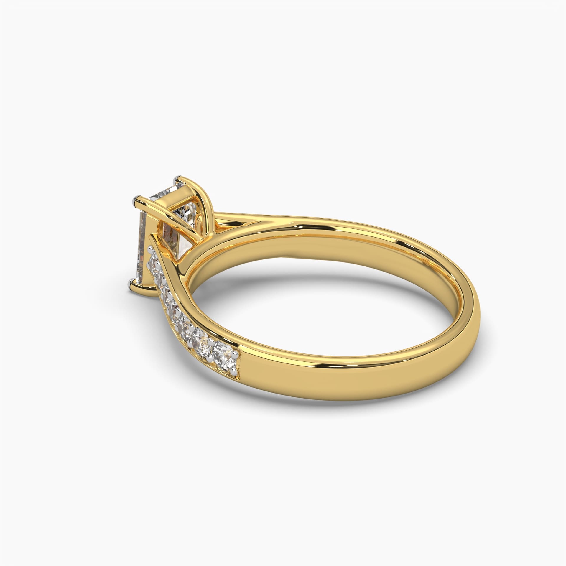 Back side view of MYZA Diamonds' eternity band emerald cut lab-grown diamond ring in 18K hallmark gold. This perspective highlights the smooth, polished inner band, emphasizing the ring's high-quality craftsmanship and sustainable luxury, perfect for engagements or as a wedding band.