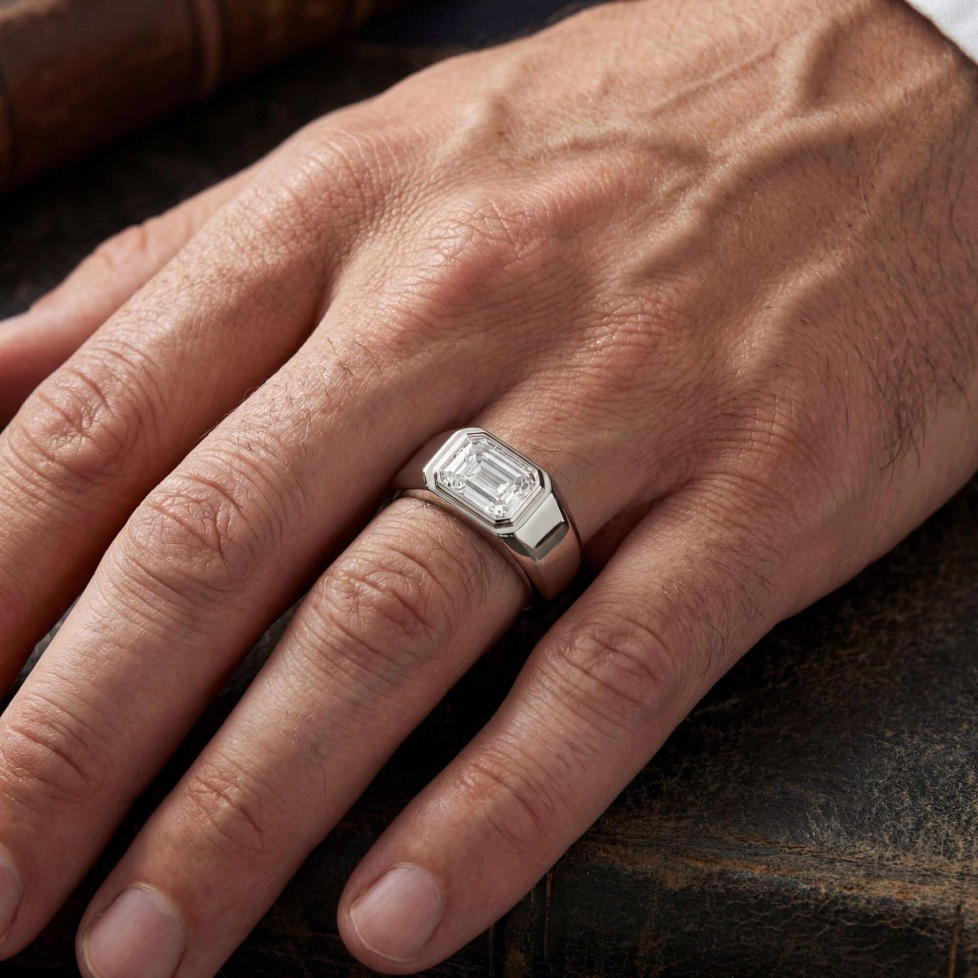2 Carats MYZA IGI Certified Emerald Cut Lab-Grown Diamond Men's Ring in 18K Hallmarked White Gold