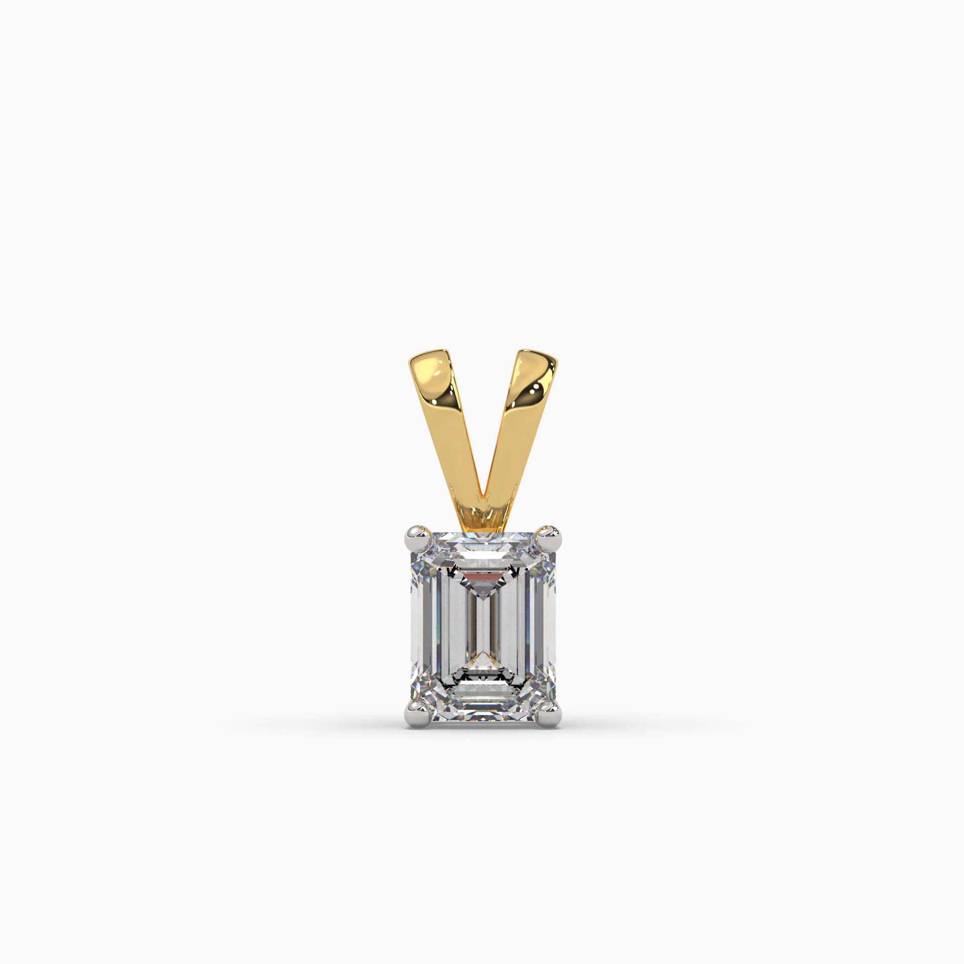 Close-up view of an emerald cut lab-grown diamond pendant set in 18K hallmark gold by MYZA Diamonds. The pendant features a brilliant and elegant design, perfect for women seeking a luxurious, sustainable jewelry piece.