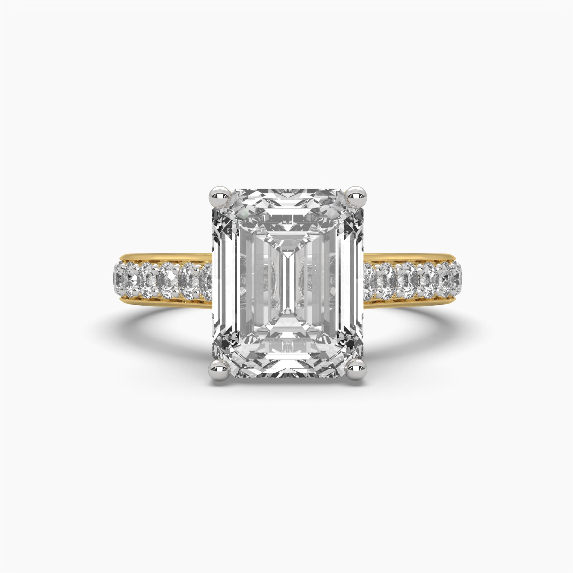 Front view of MYZA Diamonds' 4-carat eternity band emerald cut lab-grown diamond ring in 18K hallmark gold. The image highlights the continuous row of emerald cut diamonds, showcasing their brilliance and the elegant craftsmanship of the band, perfect for engagement or wedding rings with sustainable luxury.