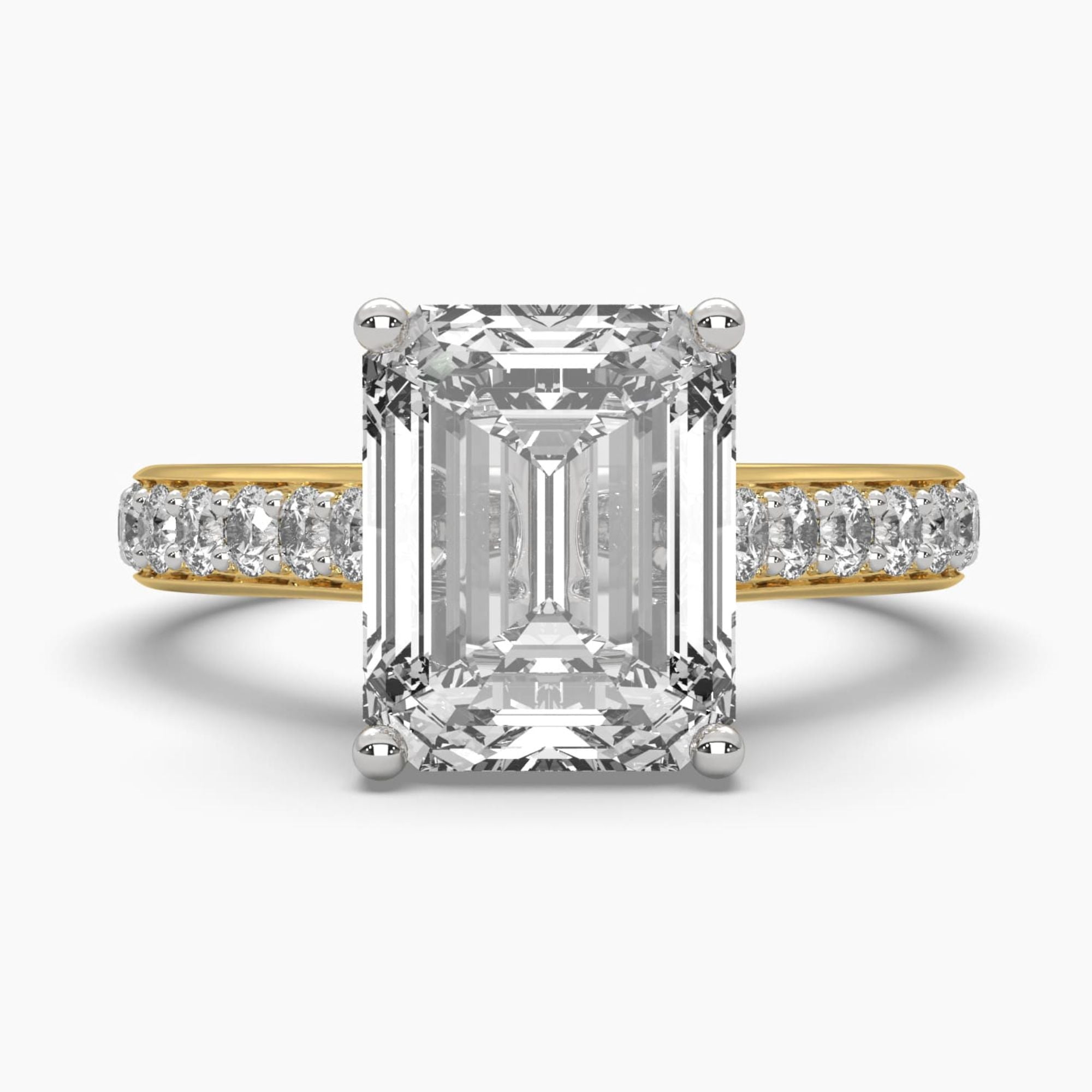 Front view of MYZA Diamonds' 5-carat eternity band emerald cut lab-grown diamond ring in 18K hallmark gold. This image showcases the continuous row of emerald cut diamonds, highlighting their stunning brilliance and luxurious design, perfect for engagement or wedding rings with sustainable elegance.