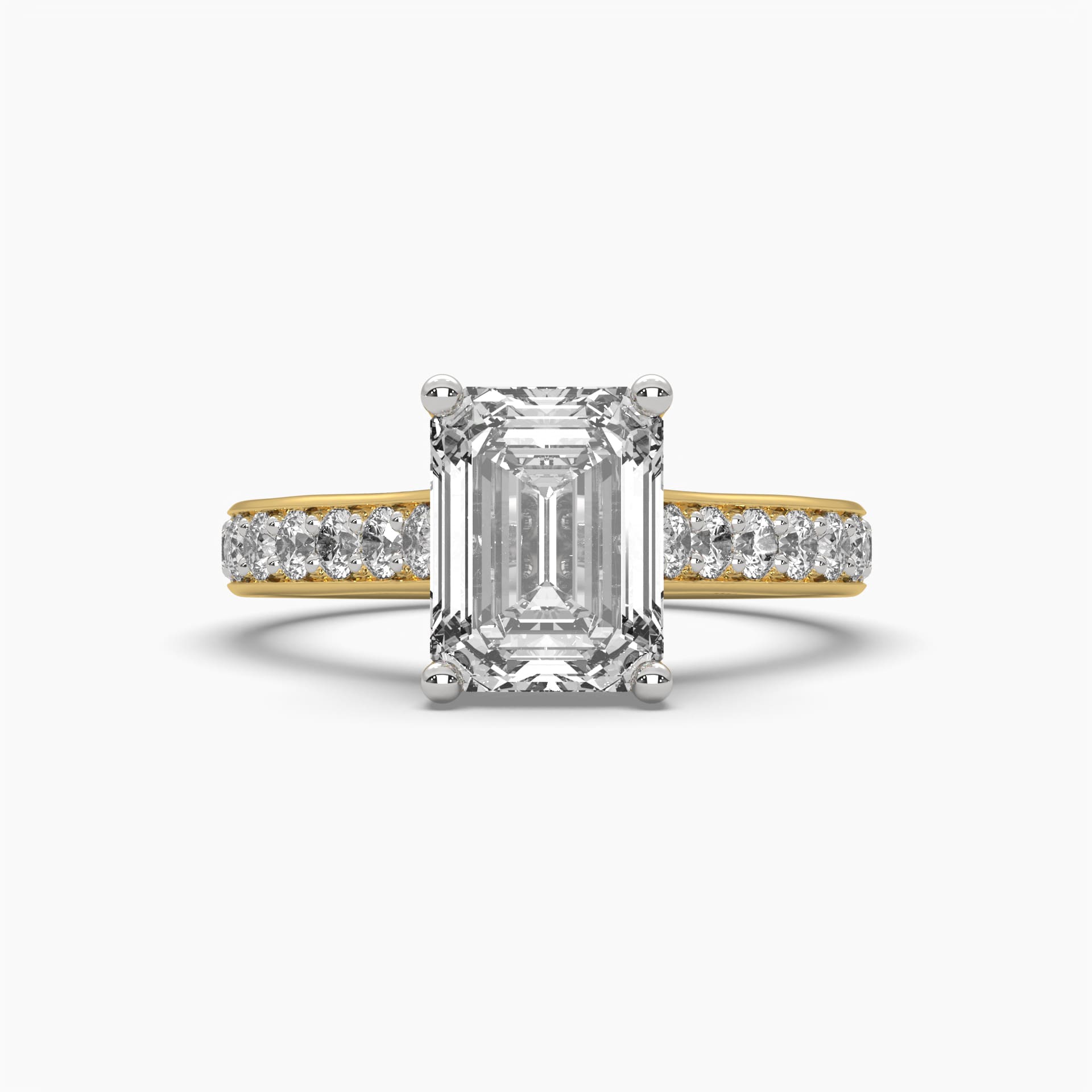 Front view of MYZA Diamonds' eternity band emerald cut lab-grown diamond ring in 18K hallmark gold. The image showcases the continuous row of stunning emerald cut lab-grown diamonds, reflecting brilliance and elegance. A timeless and sustainable choice for engagements or wedding bands.