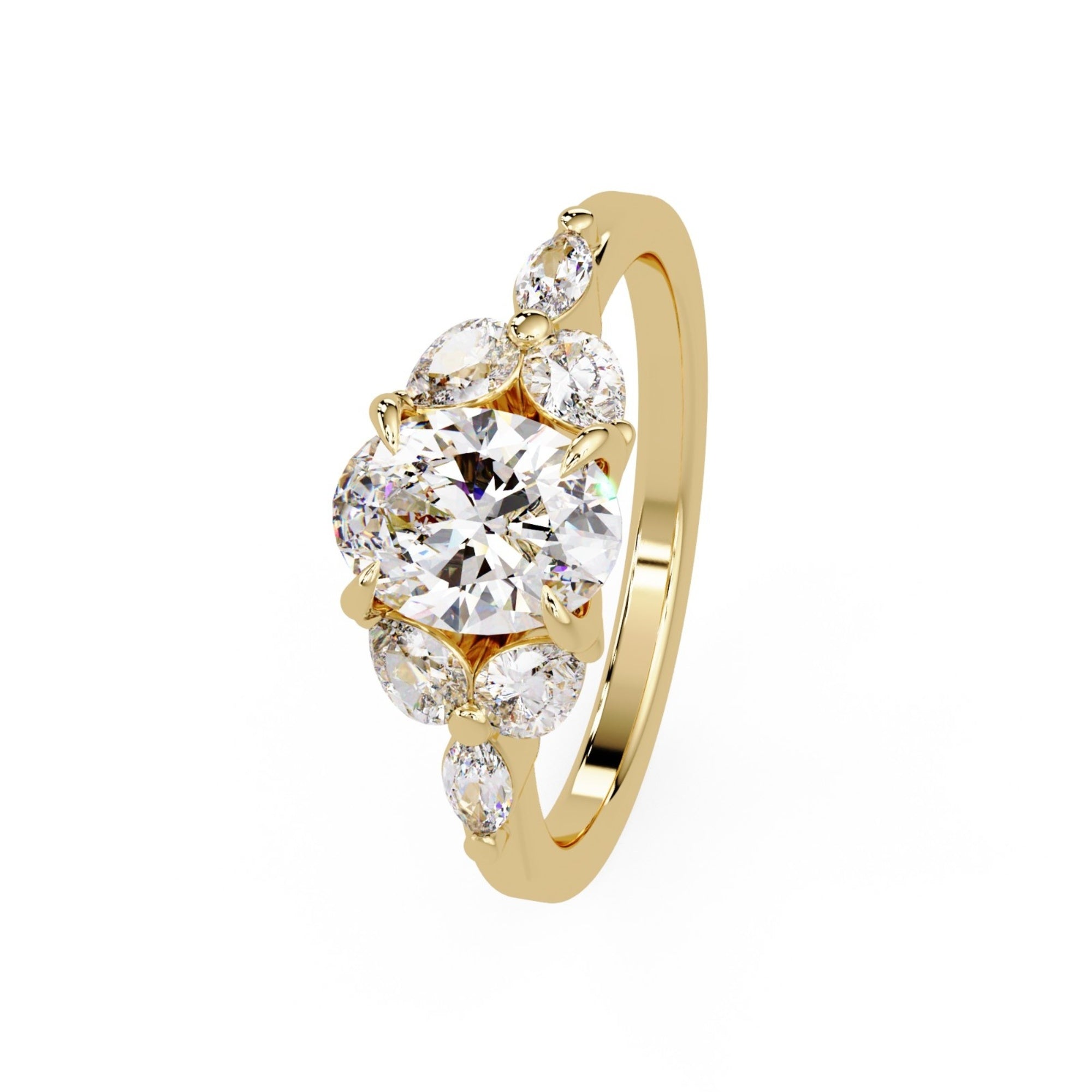 Buy MYZA 1 Ct IGI Certified Oval Lab-Grown Diamond Ring in 18K Hallmarked Gold with Pear & Marquise side diamonds. Ethical luxury. Shop now.