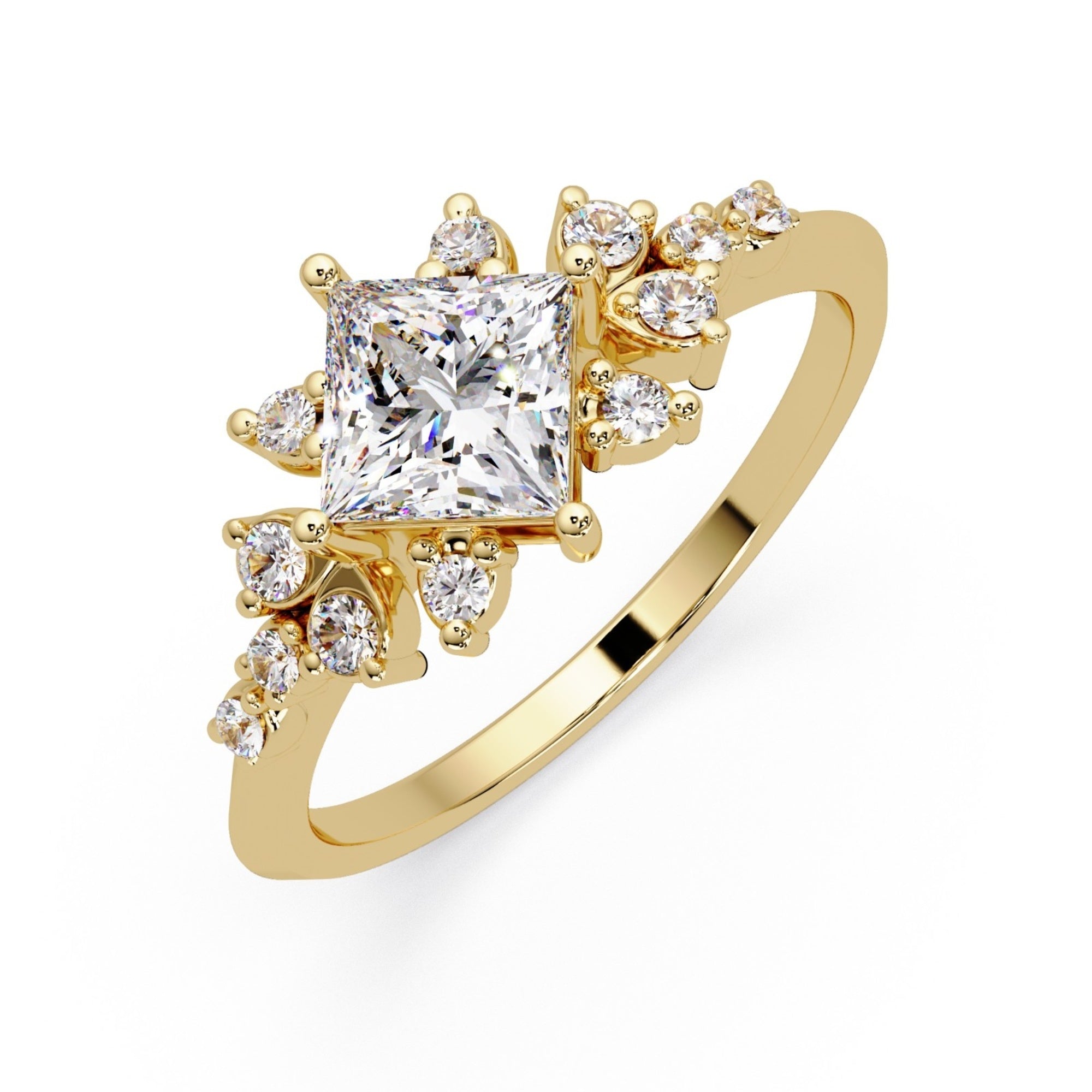 Shop MYZA's 1.24 Ct IGI Certified Princess Cut Lab-Grown Diamond Engagement Ring in 18K Hallmarked Gold with side diamonds. Ethical luxury, certified brilliance.