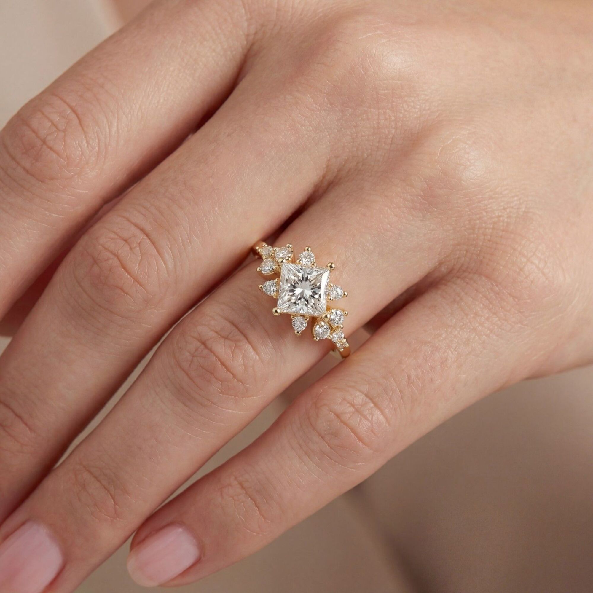 Shop MYZA's 1.24 Ct IGI Certified Princess Cut Lab-Grown Diamond Engagement Ring in 18K Hallmarked Gold with side diamonds. Ethical luxury, certified brilliance.