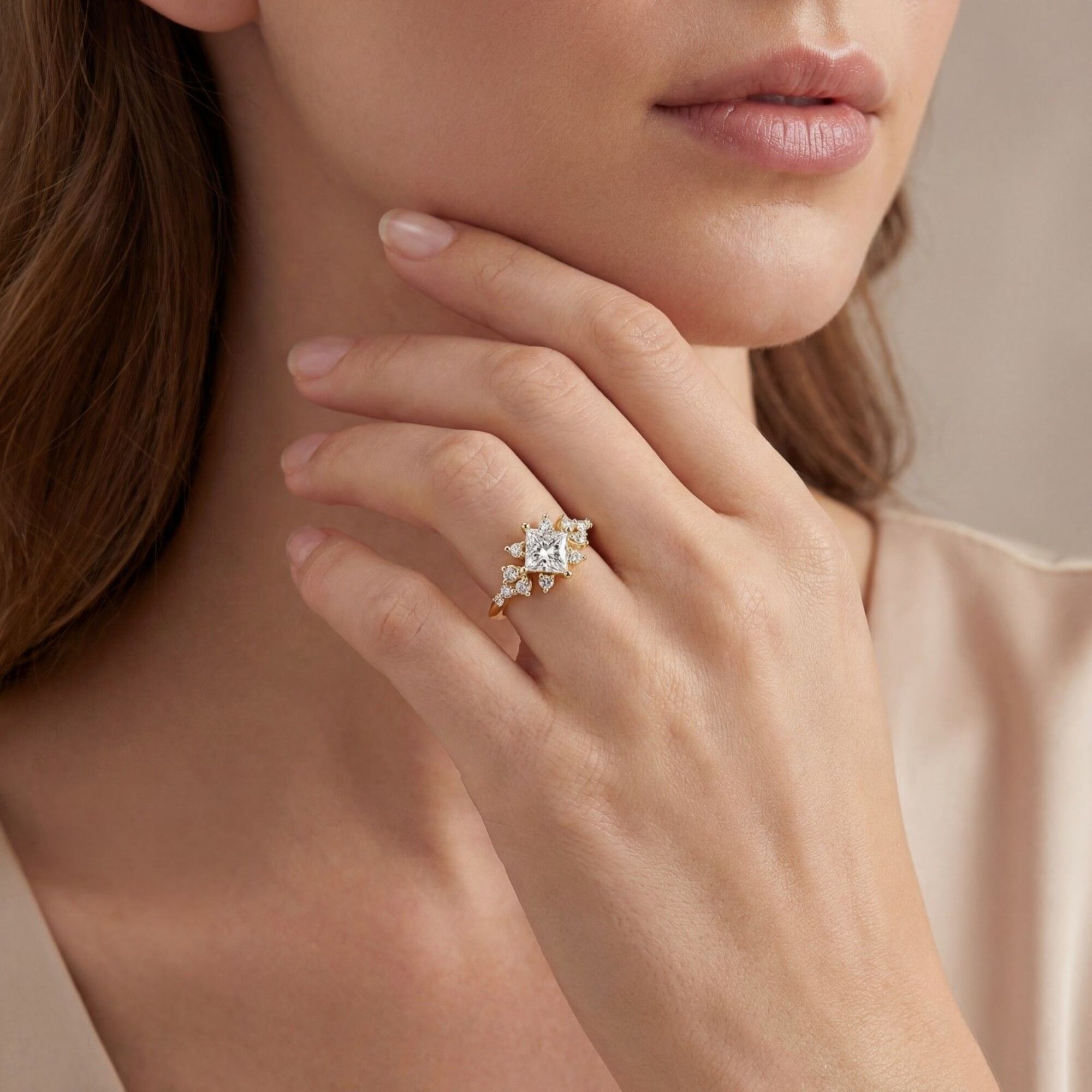 Shop MYZA's 1.24 Ct IGI Certified Princess Cut Lab-Grown Diamond Engagement Ring in 18K Hallmarked Gold with side diamonds. Ethical luxury, certified brilliance.