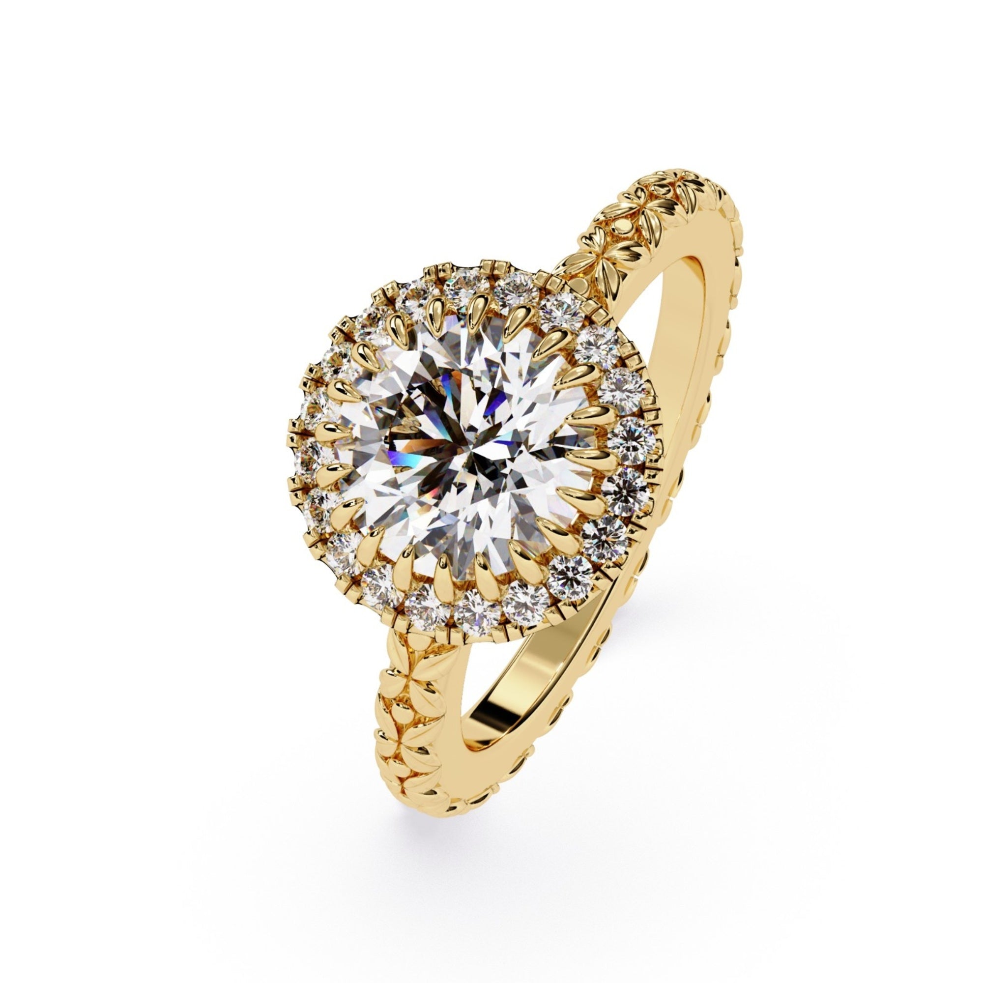 Shop MYZA 2 Carat IGI Certified Round Brilliant Lab-Grown Diamond Halo Ring in 18K Hallmarked Gold with 20 side diamonds. Ethical luxury. Free shipping.