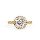 Shop MYZA 2 Carat IGI Certified Round Brilliant Lab-Grown Diamond Halo Ring in 18K Hallmarked Gold with 20 side diamonds. Ethical luxury. Free shipping.