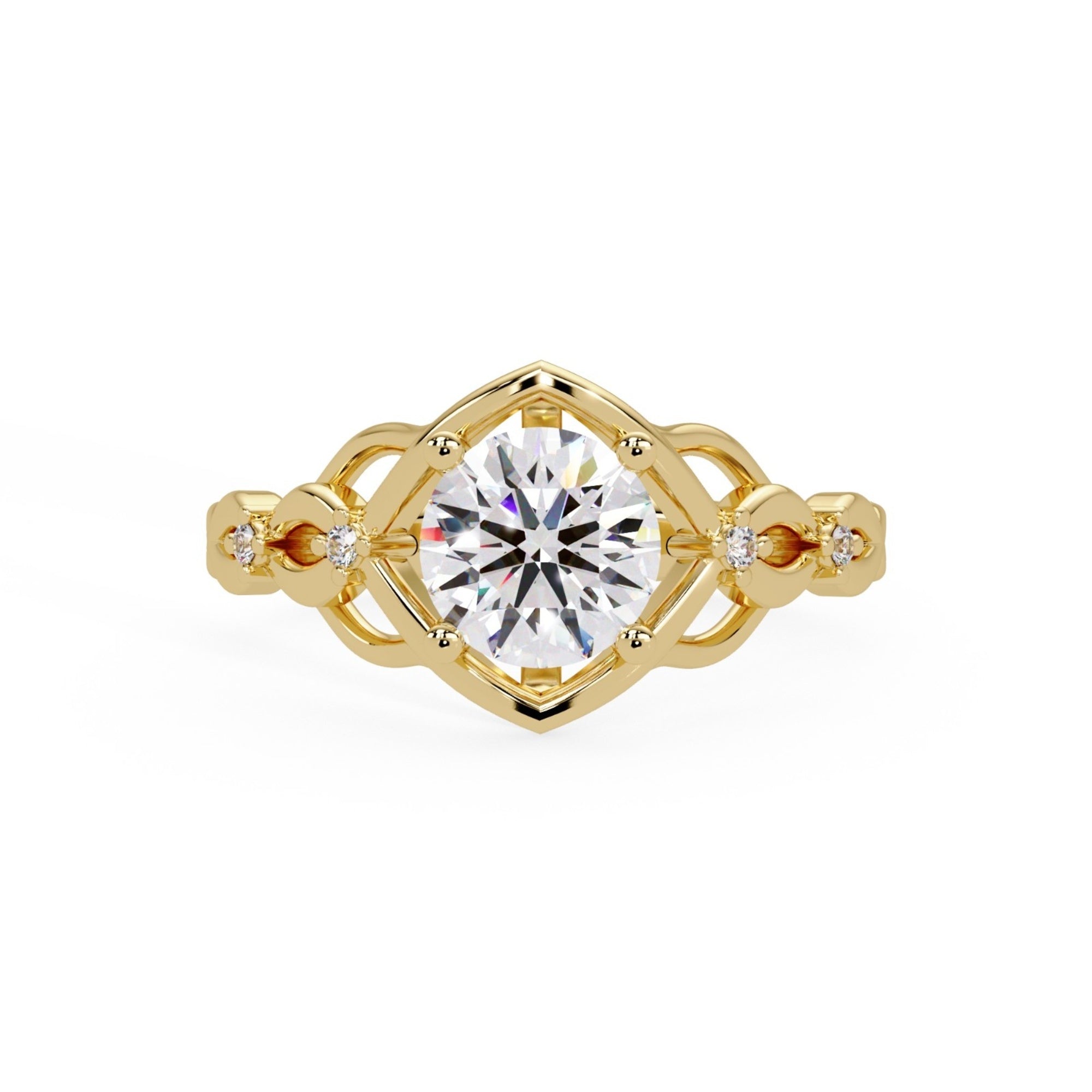 Shop MYZA's 1 Carat IGI Certified Brilliant Cut Lab-Grown Diamond Celtic Knot Ring in 18K Hallmarked Gold with 4 side diamonds. Ethical luxury, BIS hallmarked.