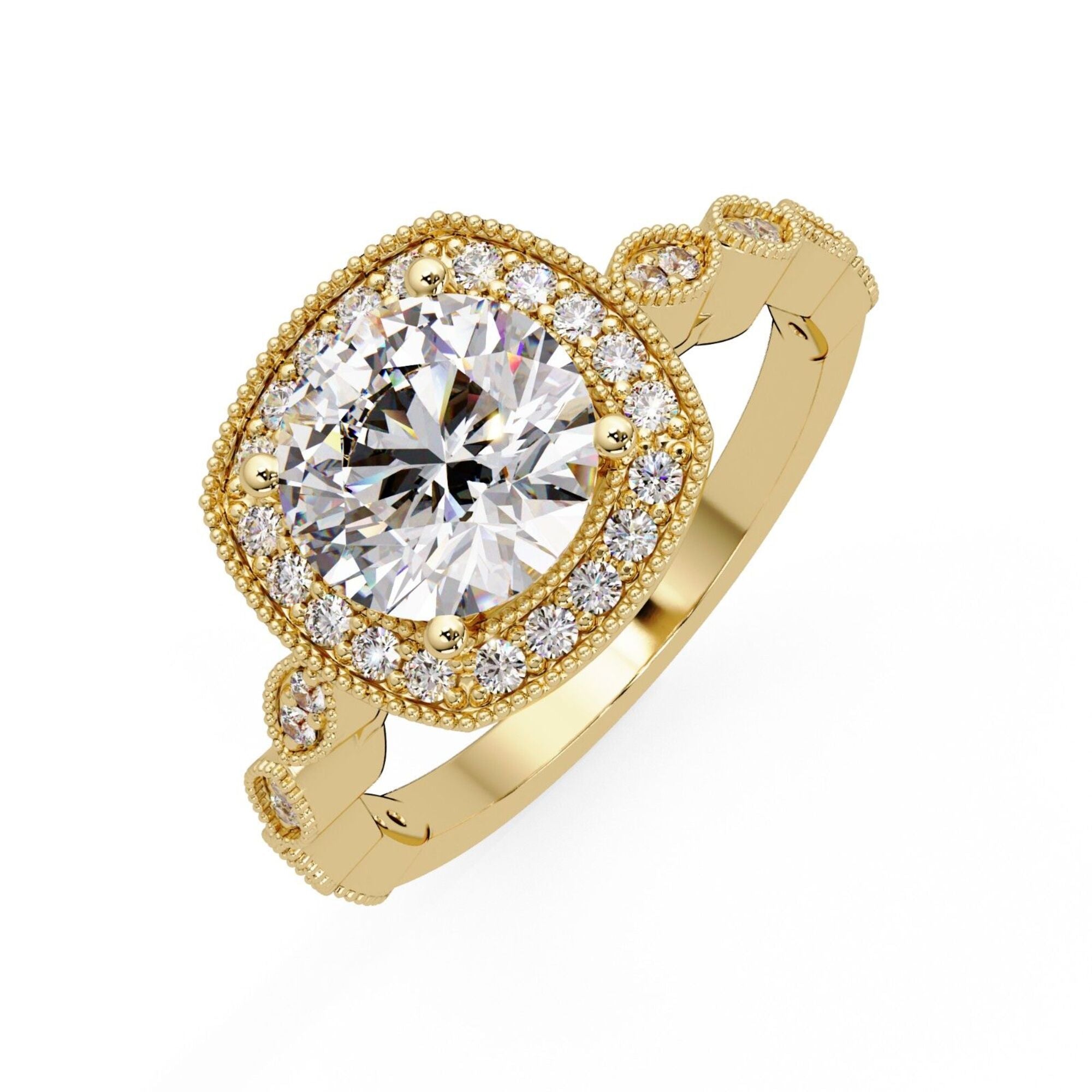 Shop MYZA 2.305 Ct IGI Certified Round Brilliant Lab-Grown Diamond Halo Stack Ring in 18K Hallmarked Gold with 87 side diamonds. Ethical luxury, certified brilliance.