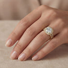 Shop MYZA 2.305 Ct IGI Certified Round Brilliant Lab-Grown Diamond Halo Stack Ring in 18K Hallmarked Gold with 87 side diamonds. Ethical luxury, certified brilliance.