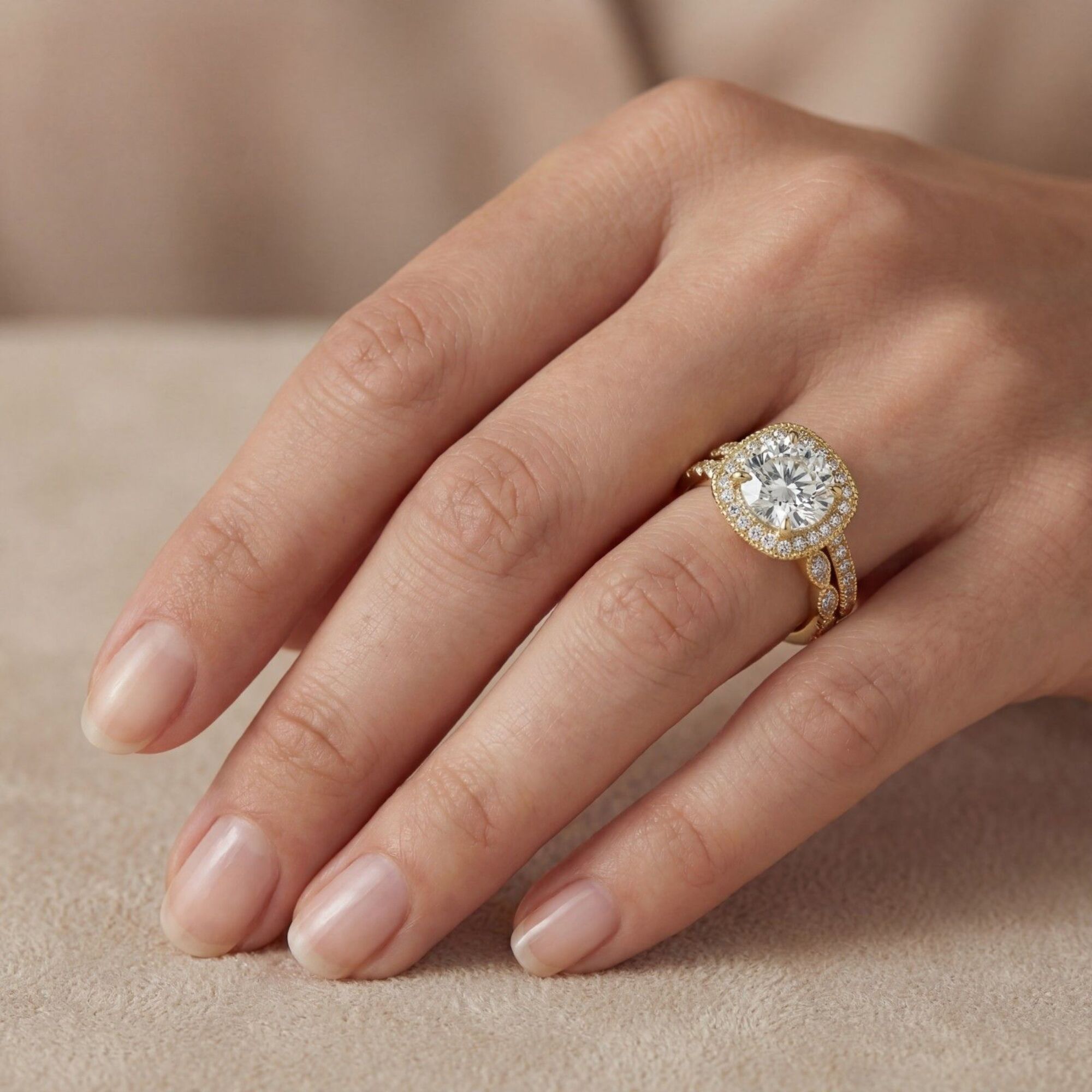 Shop MYZA 2.305 Ct IGI Certified Round Brilliant Lab-Grown Diamond Halo Stack Ring in 18K Hallmarked Gold with 87 side diamonds. Ethical luxury, certified brilliance.