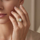 Shop MYZA 2.305 Ct IGI Certified Round Brilliant Lab-Grown Diamond Halo Stack Ring in 18K Hallmarked Gold with 87 side diamonds. Ethical luxury, certified brilliance.